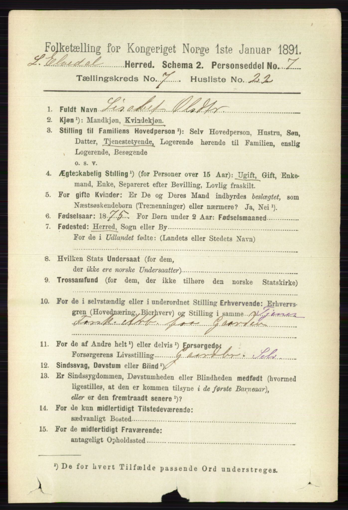 RA, 1891 census for 0438 Lille Elvedalen, 1891, p. 2425