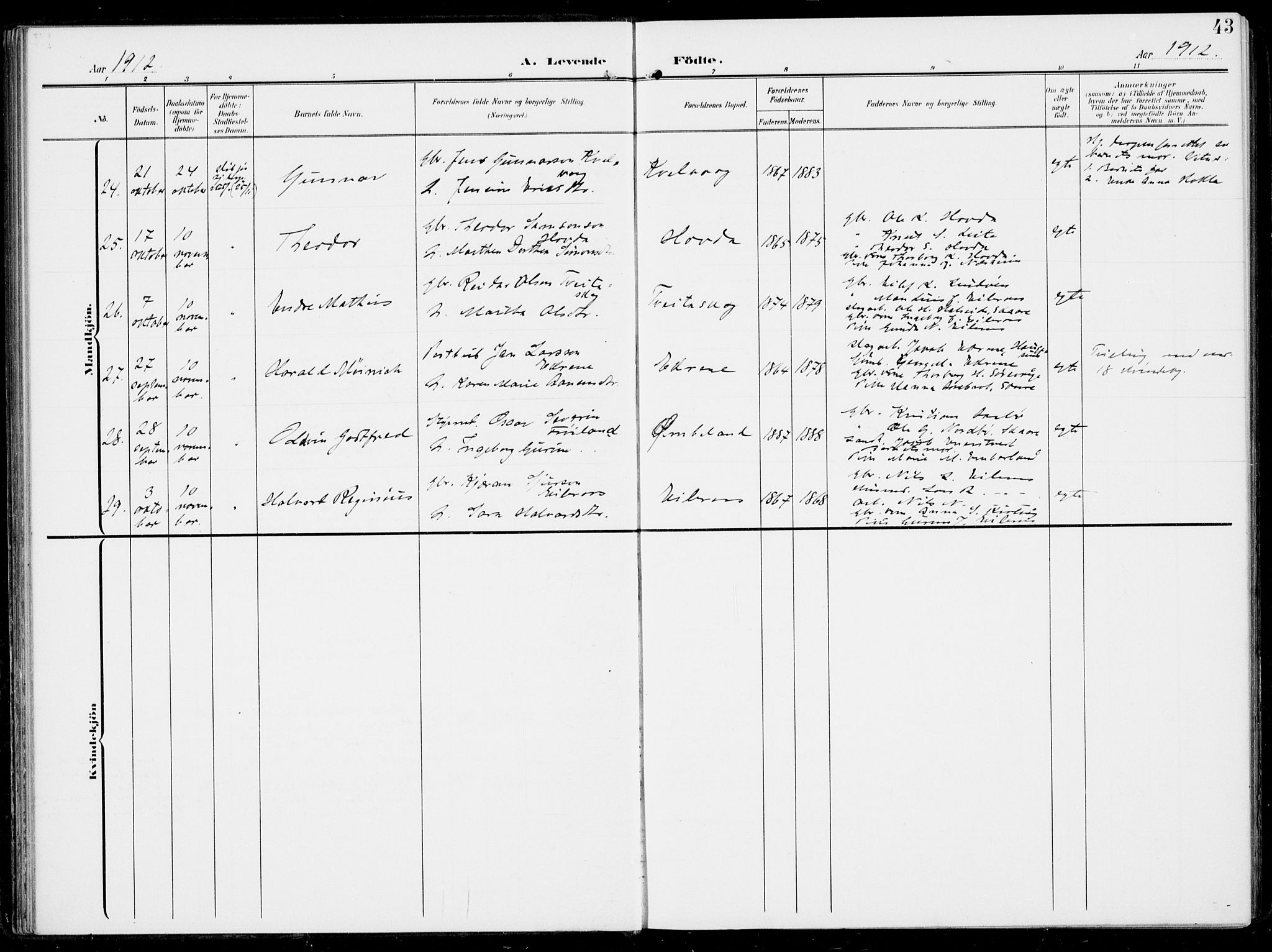 Sveio Sokneprestembete, AV/SAB-A-78501/H/Haa: Parish register (official) no. B  4, 1906-1919, p. 43