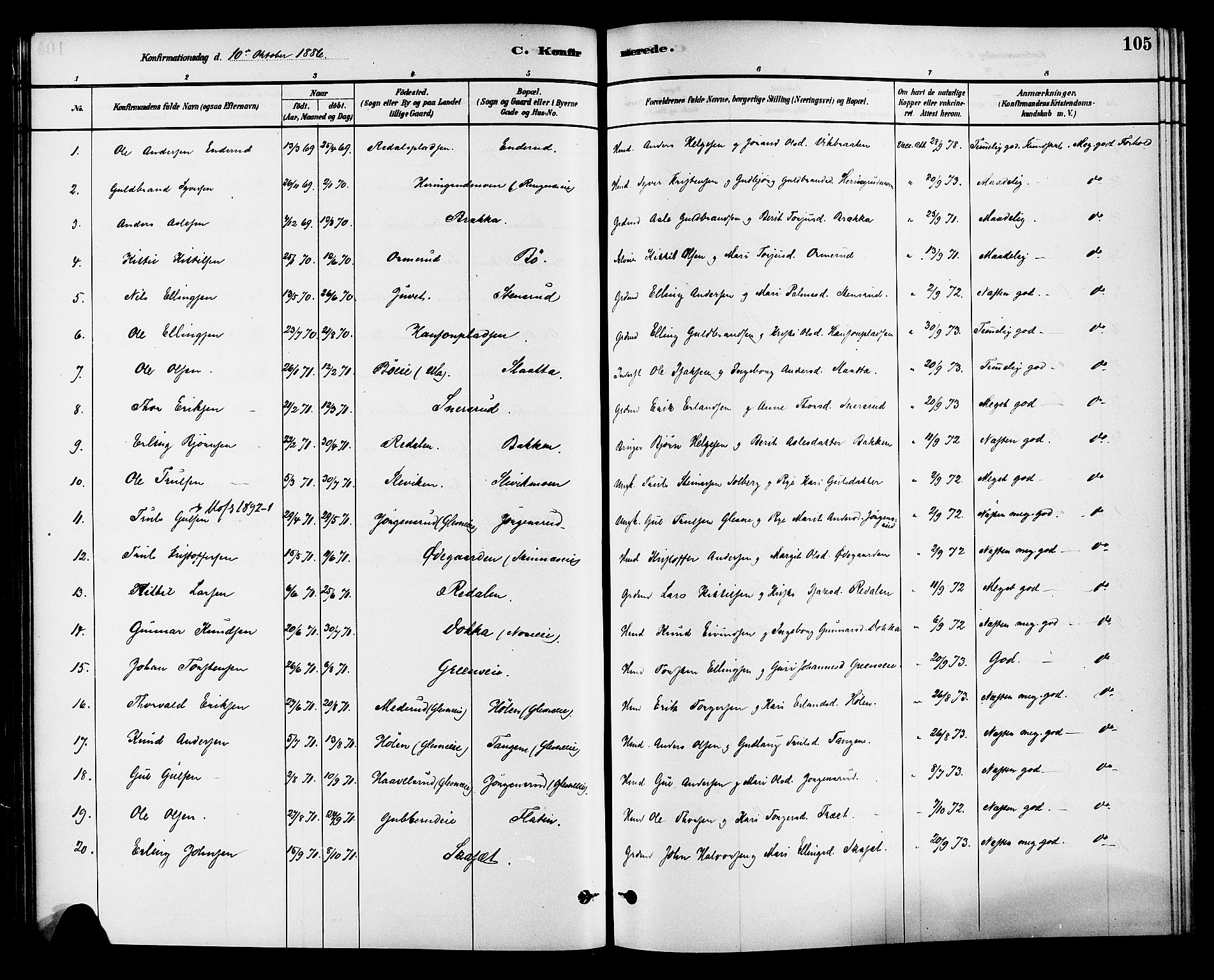 Krødsherad kirkebøker, SAKO/A-19/G/Ga/L0001: Parish register (copy) no. 1, 1879-1893, p. 105