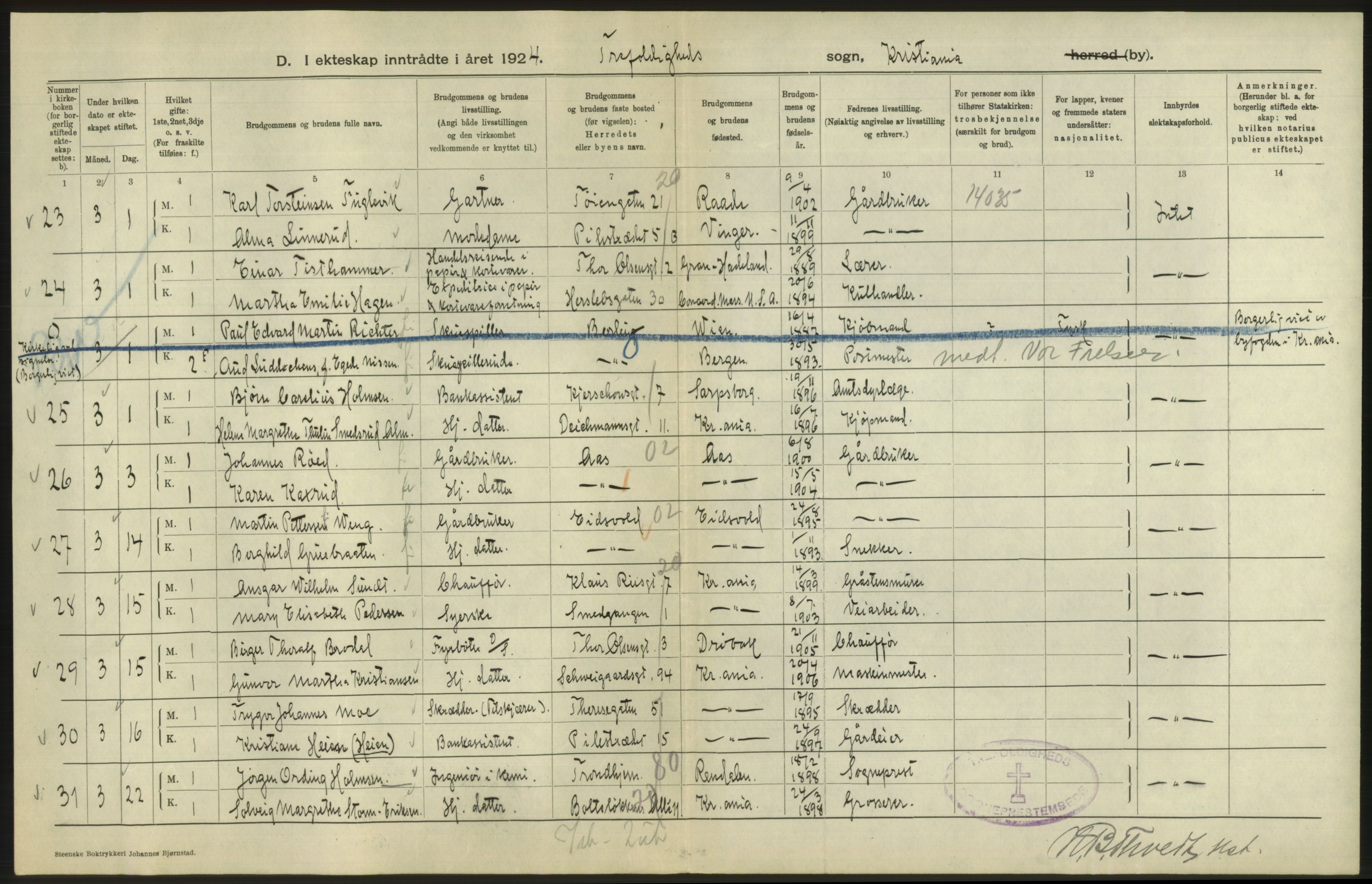 Statistisk sentralbyrå, Sosiodemografiske emner, Befolkning, AV/RA-S-2228/D/Df/Dfc/Dfcd/L0007: Kristiania: Gifte, 1924, p. 10