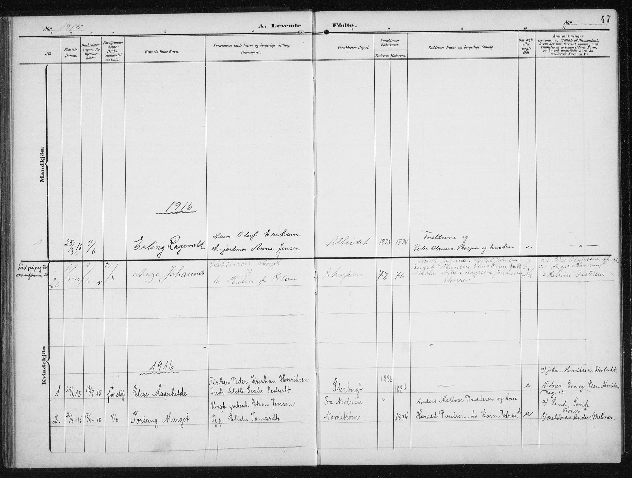 Skjervøy sokneprestkontor, SATØ/S-1300/H/Ha/Hab/L0017klokker: Parish register (copy) no. 17, 1906-1941, p. 47