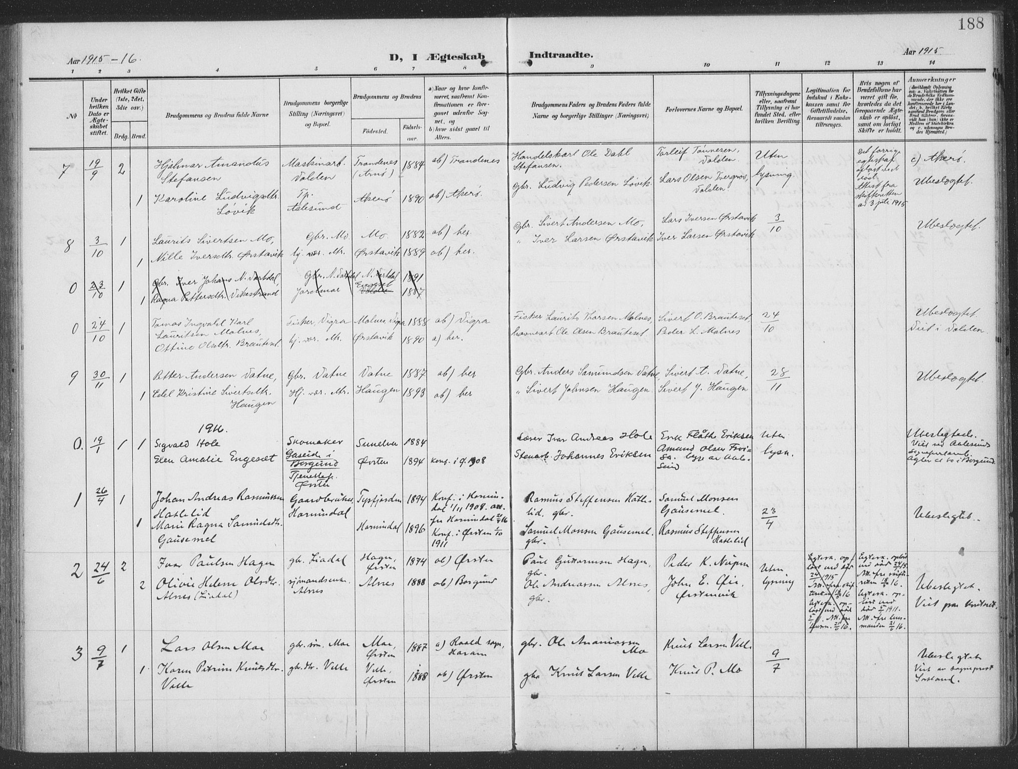 Ministerialprotokoller, klokkerbøker og fødselsregistre - Møre og Romsdal, SAT/A-1454/513/L0178: Parish register (official) no. 513A05, 1906-1919, p. 188