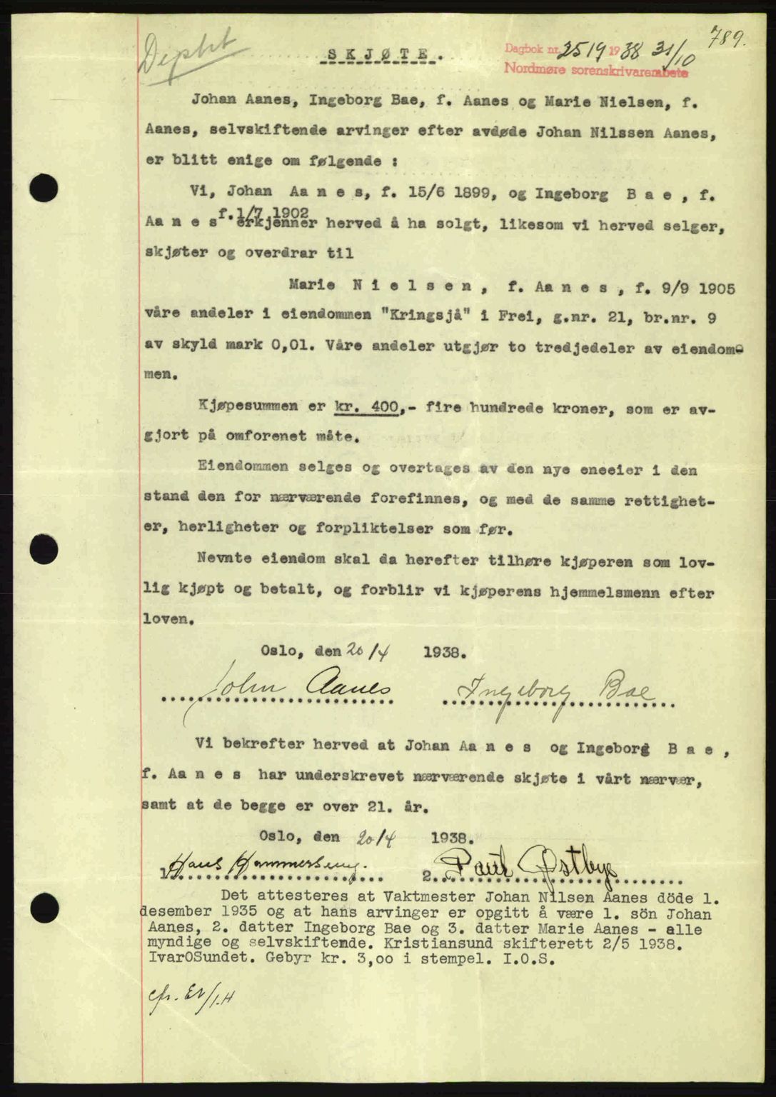 Nordmøre sorenskriveri, SAT/A-4132/1/2/2Ca: Mortgage book no. A84, 1938-1938, Diary no: : 2519/1938