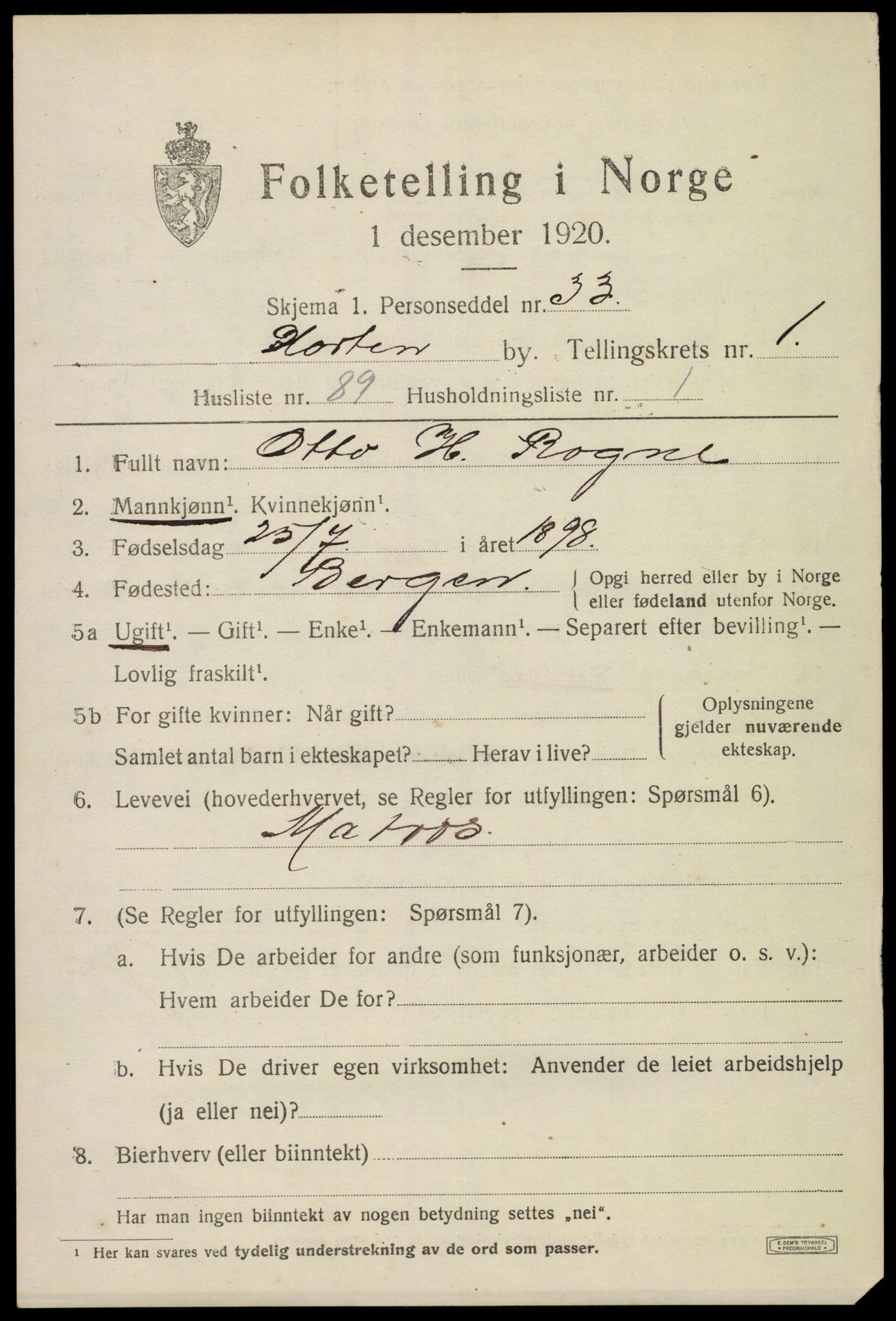 SAKO, 1920 census for Horten, 1920, p. 10199