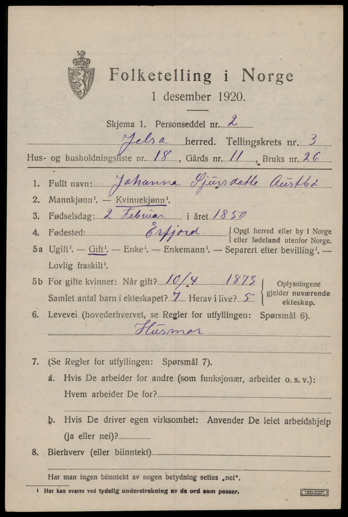 SAST, 1920 census for Jelsa, 1920, p. 1176