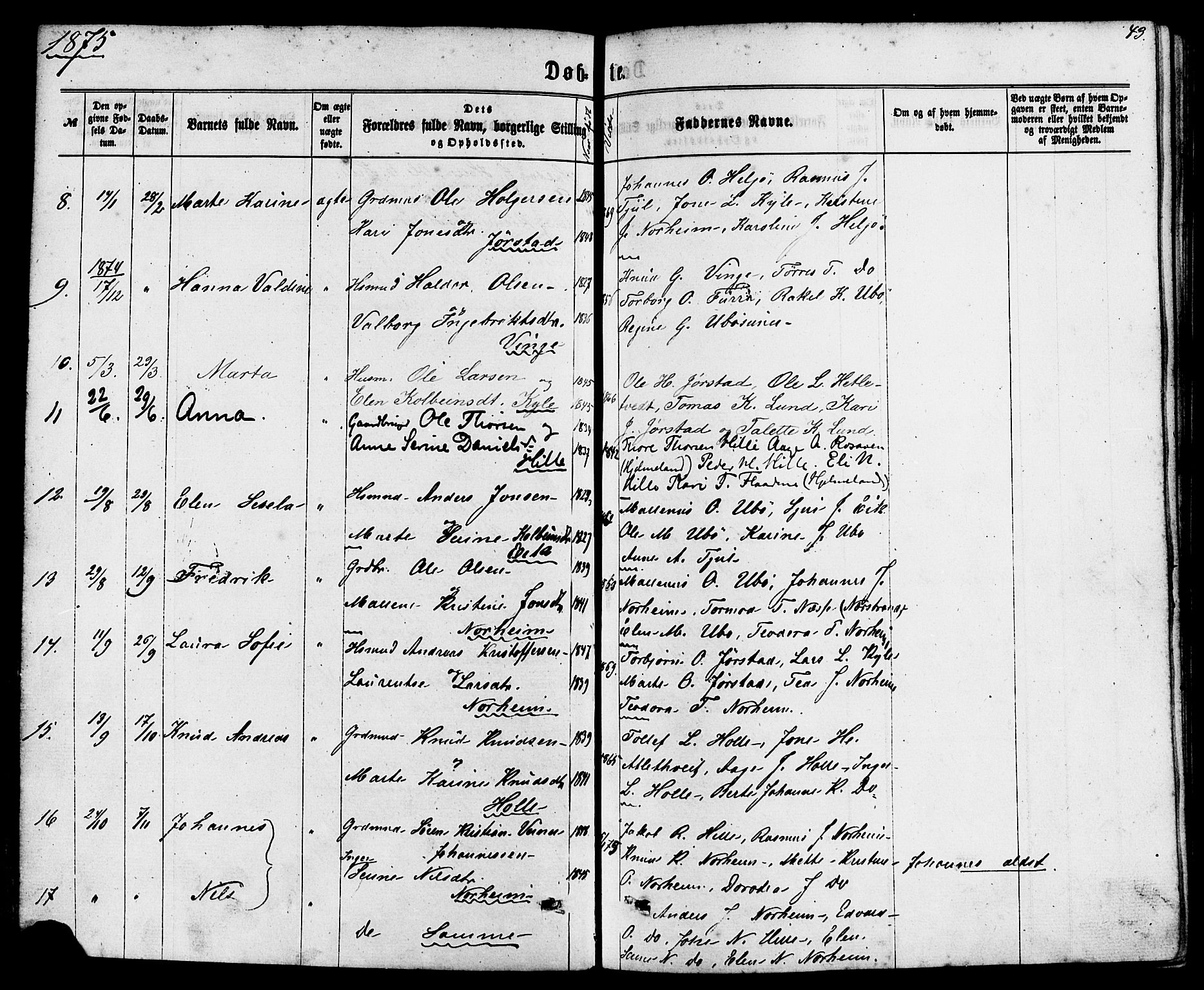 Nedstrand sokneprestkontor, SAST/A-101841/01/IV: Parish register (official) no. A 10, 1861-1887, p. 43