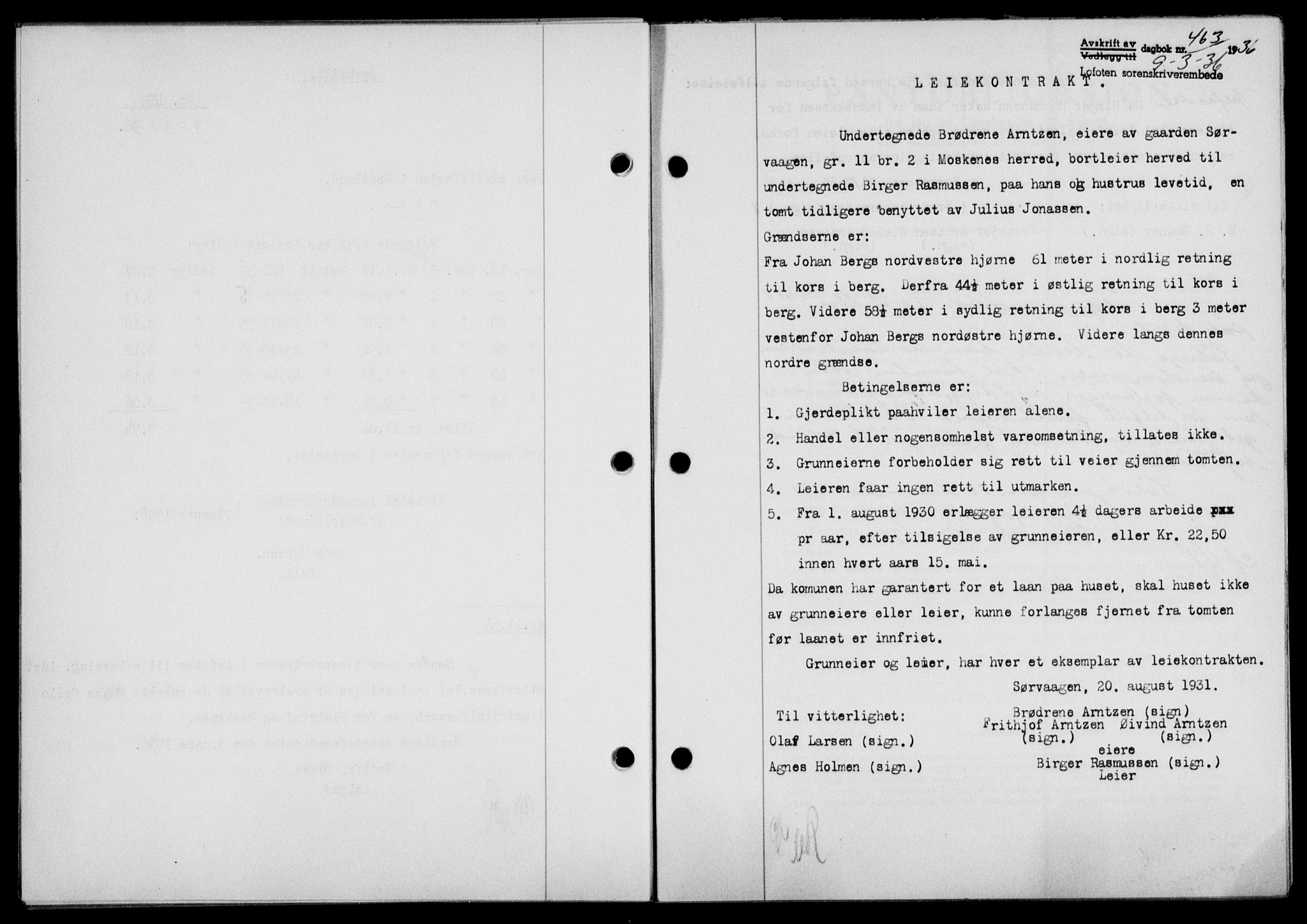 Lofoten sorenskriveri, SAT/A-0017/1/2/2C/L0033b: Mortgage book no. 33b, 1936-1936, Diary no: : 463/1936