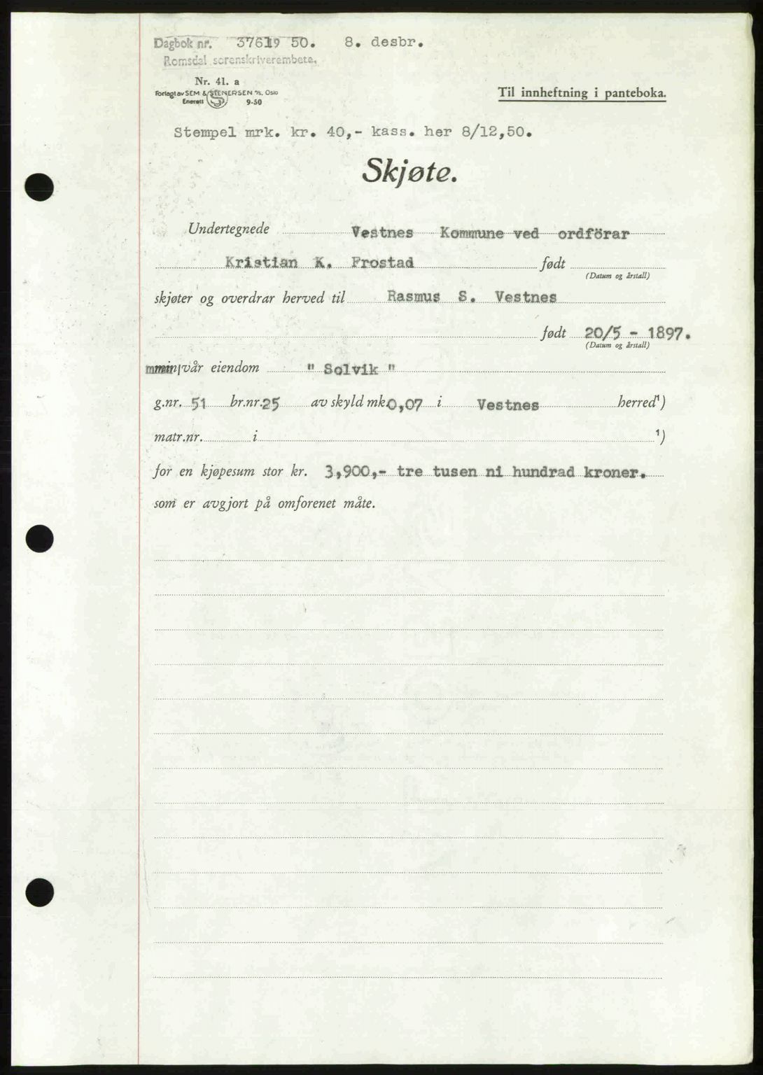 Romsdal sorenskriveri, AV/SAT-A-4149/1/2/2C: Mortgage book no. A35, 1950-1950, Diary no: : 3761/1950