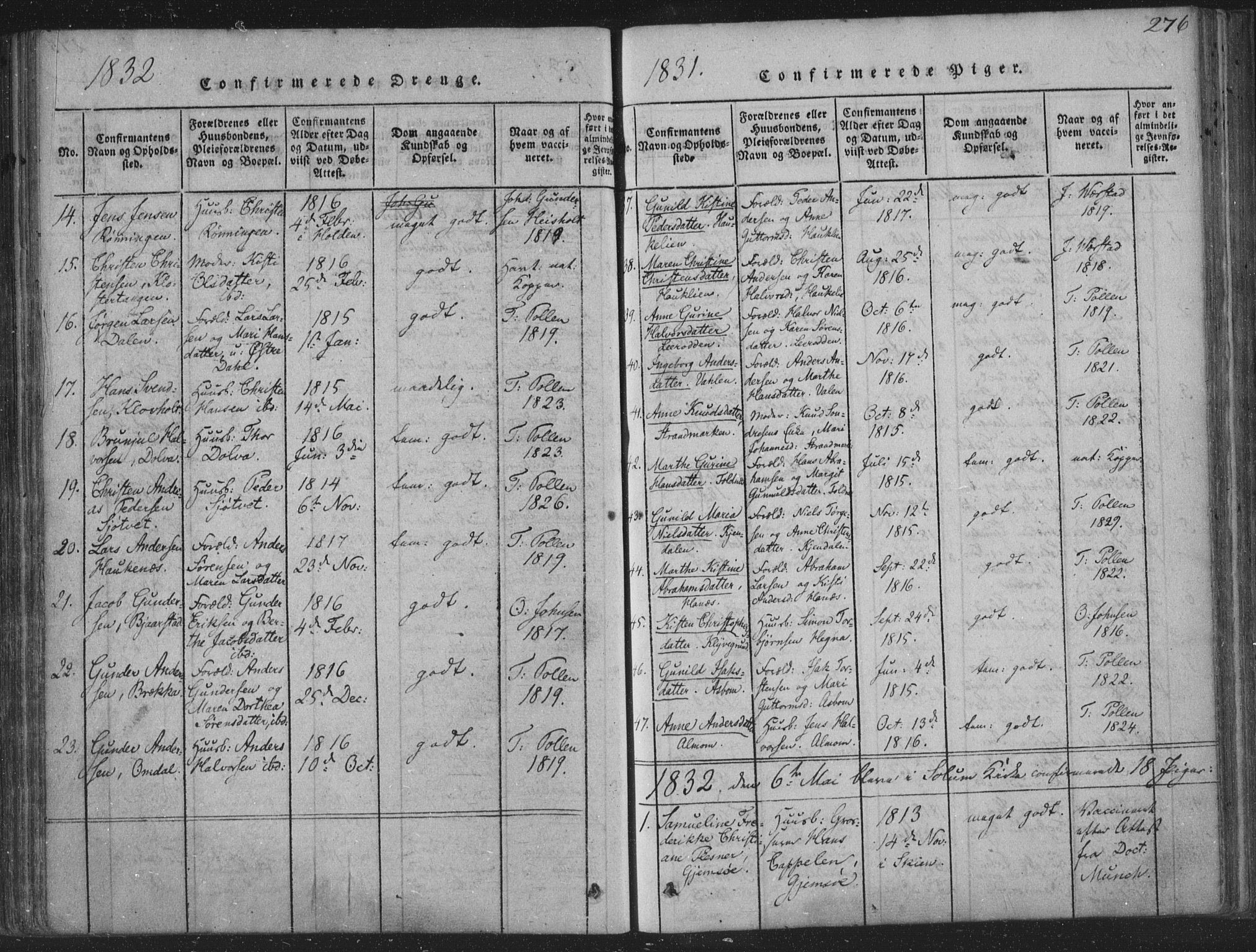 Solum kirkebøker, SAKO/A-306/F/Fa/L0004: Parish register (official) no. I 4, 1814-1833, p. 276