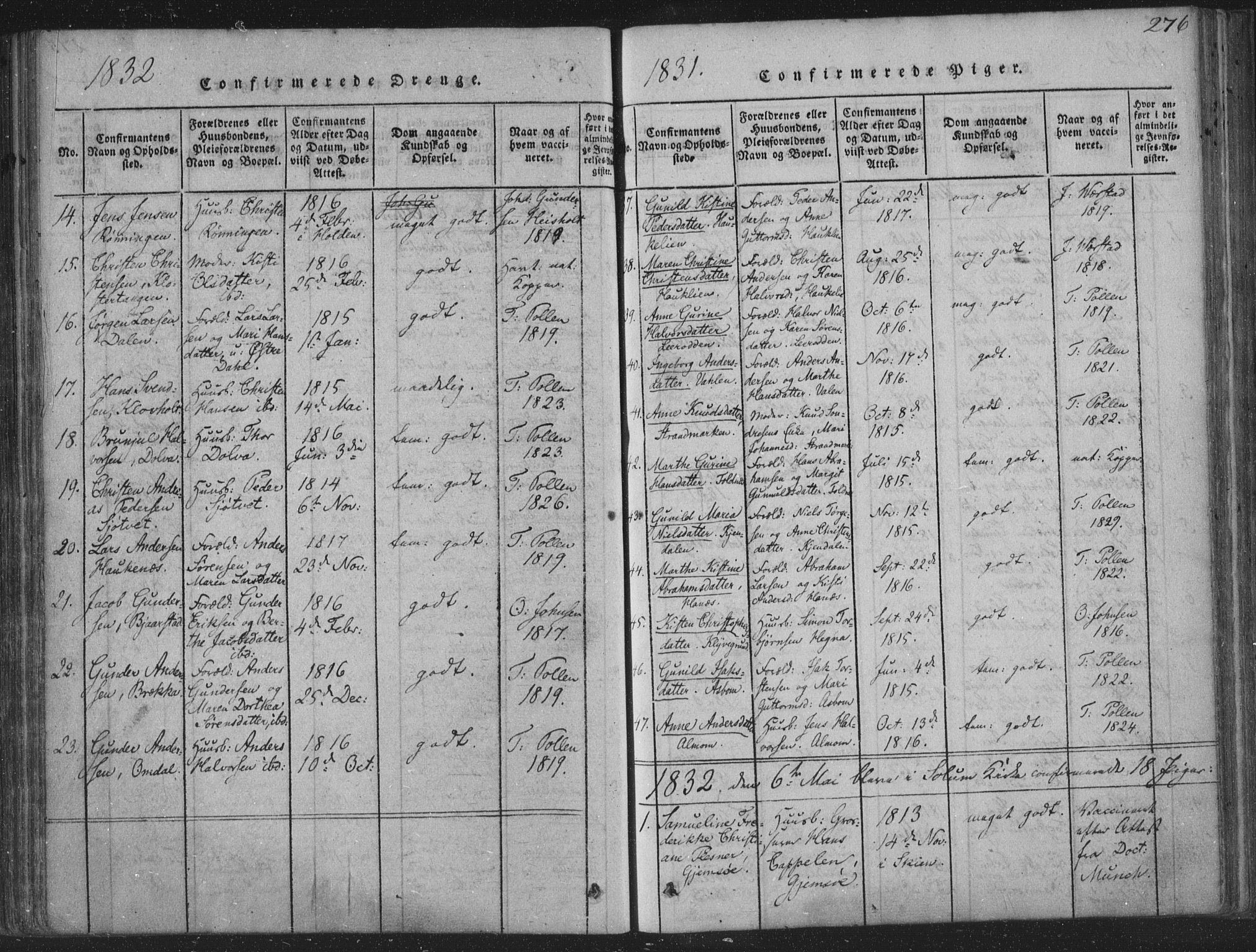 Solum kirkebøker, AV/SAKO-A-306/F/Fa/L0004: Parish register (official) no. I 4, 1814-1833, p. 276