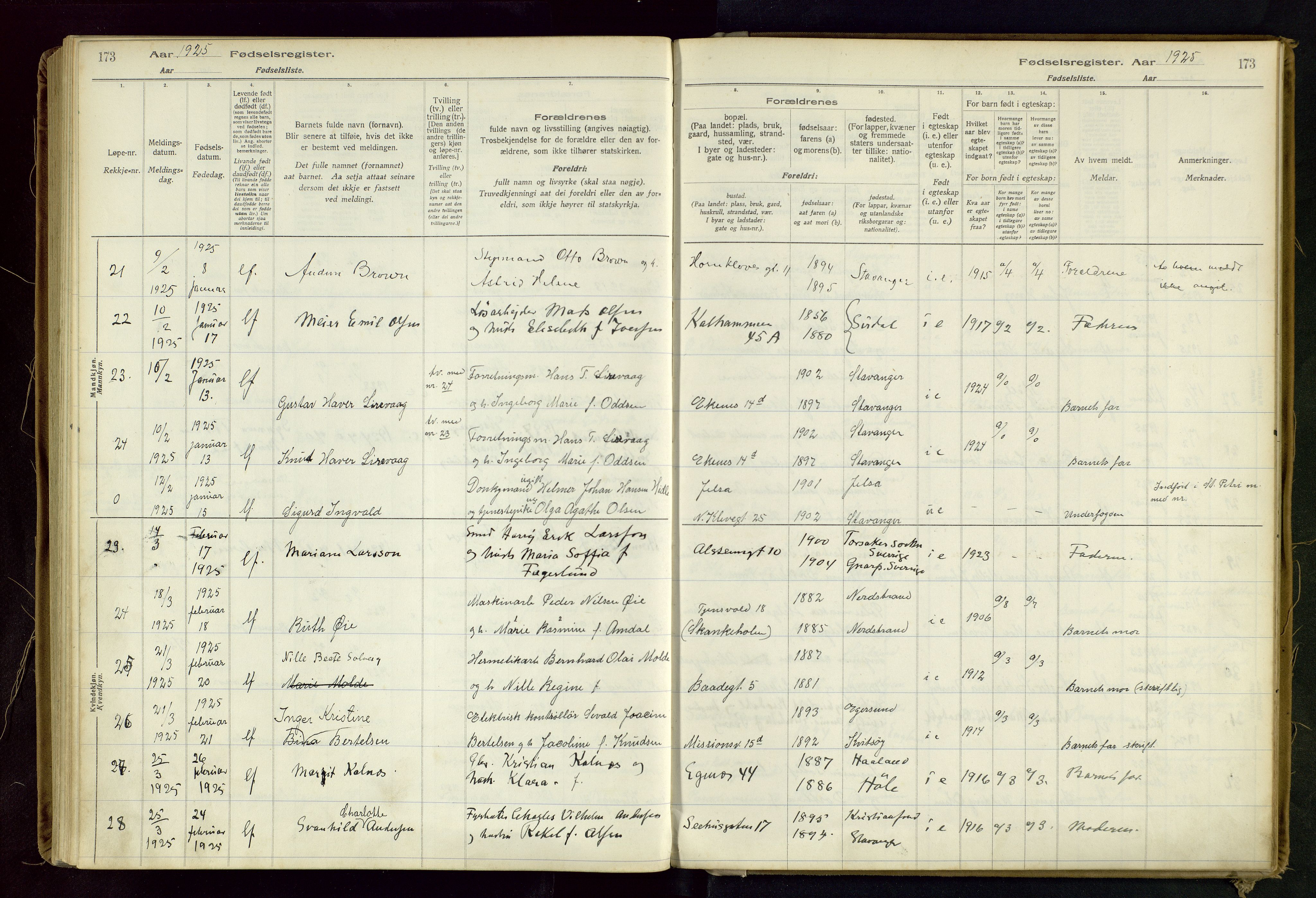 Domkirken sokneprestkontor, SAST/A-101812/002/B/L0002: Birth register no. 2, 1920-1925, p. 173