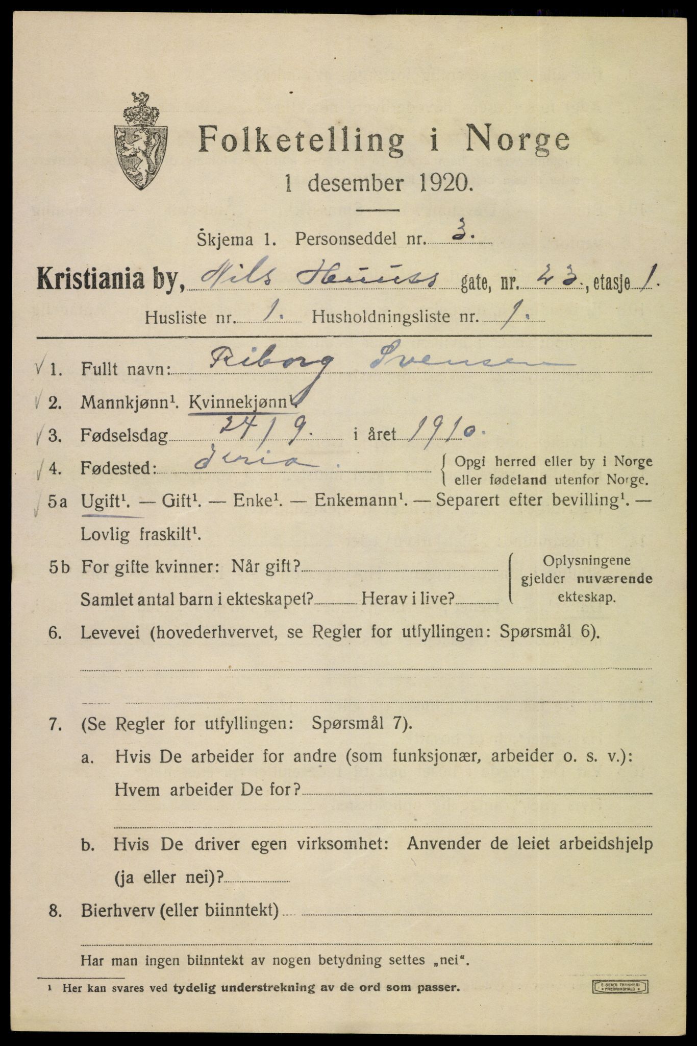 SAO, 1920 census for Kristiania, 1920, p. 414011