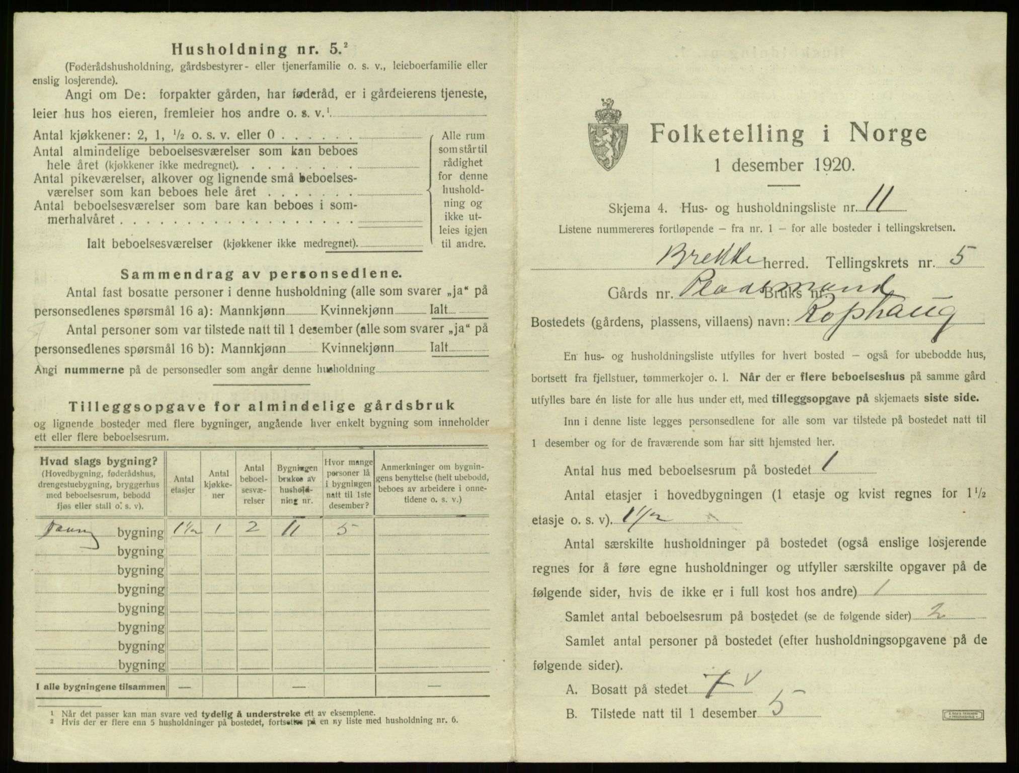 SAB, 1920 census for Brekke, 1920, p. 167