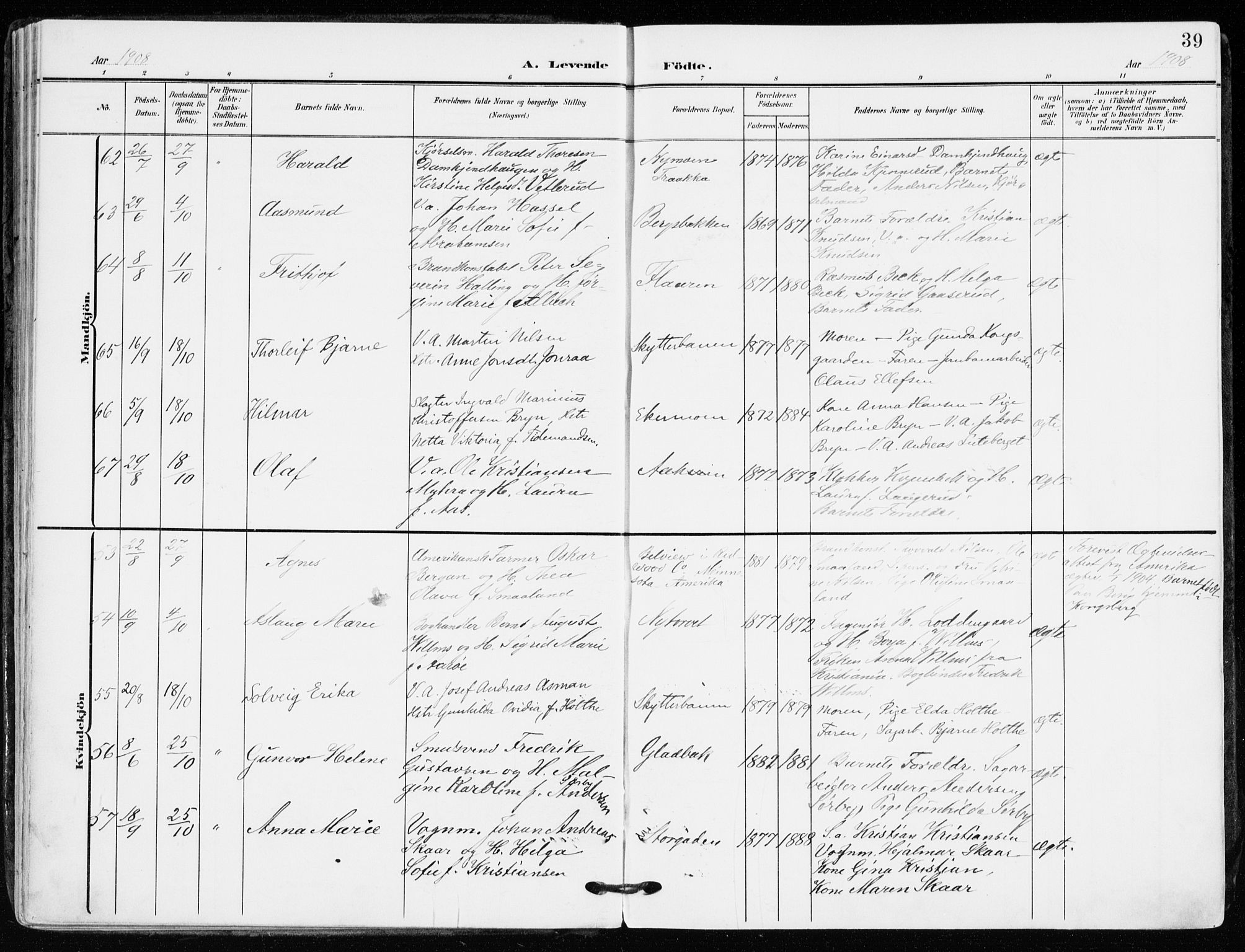 Kongsberg kirkebøker, AV/SAKO-A-22/F/Fb/L0004: Parish register (official) no. II 4, 1906-1918, p. 39