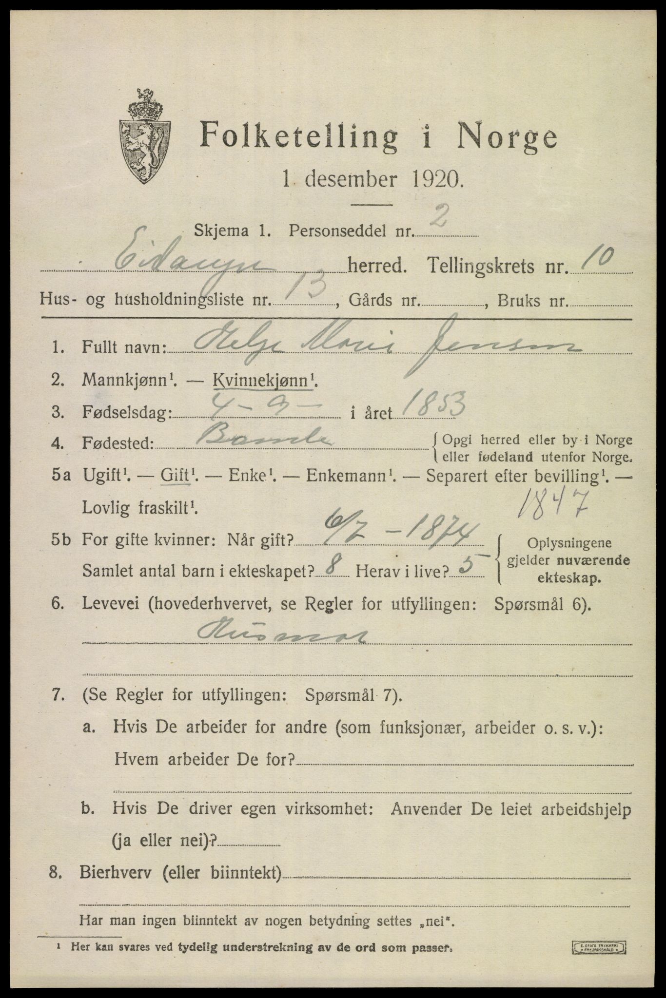 SAKO, 1920 census for Eidanger, 1920, p. 6486