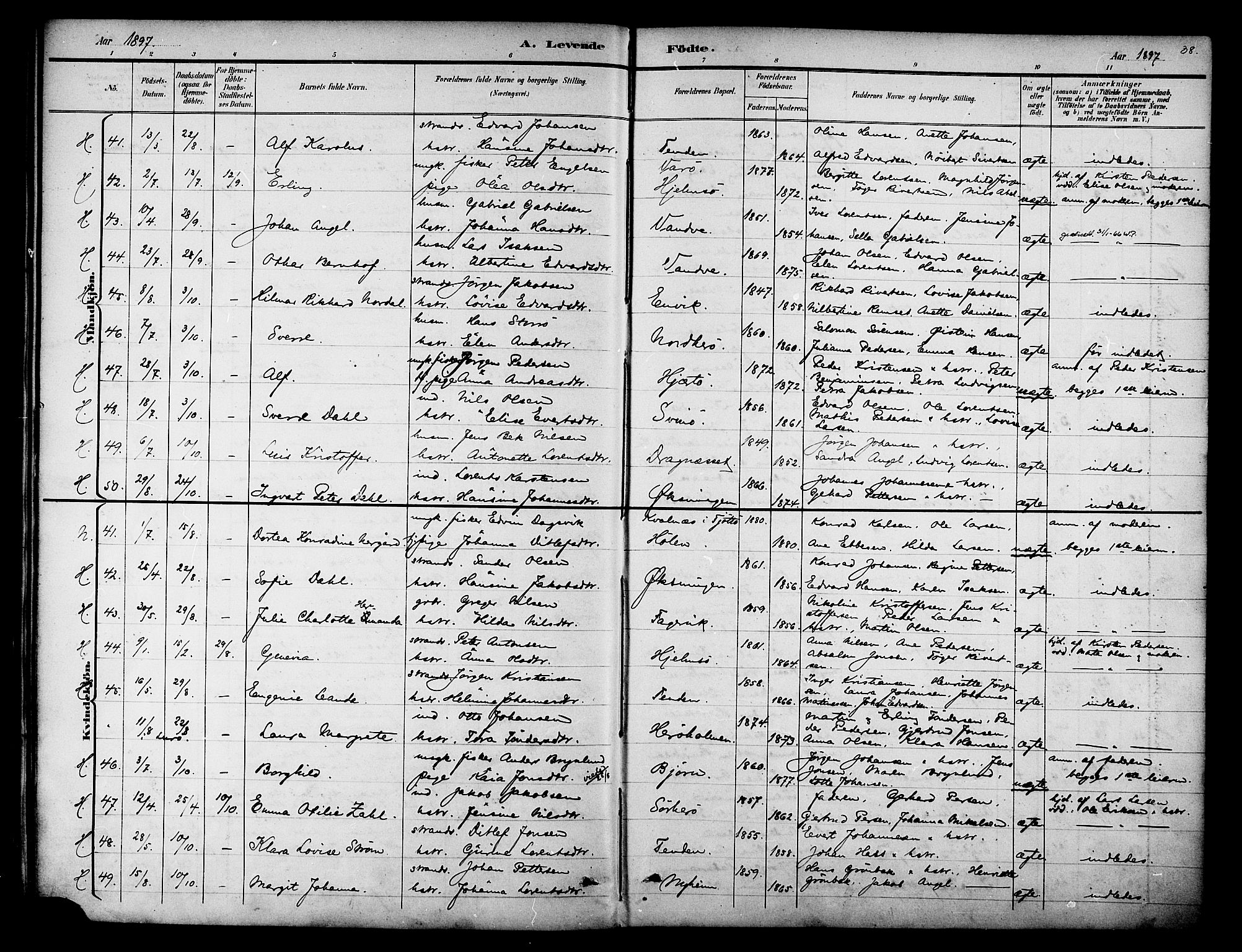 Ministerialprotokoller, klokkerbøker og fødselsregistre - Nordland, AV/SAT-A-1459/834/L0508: Parish register (official) no. 834A06, 1892-1901, p. 38