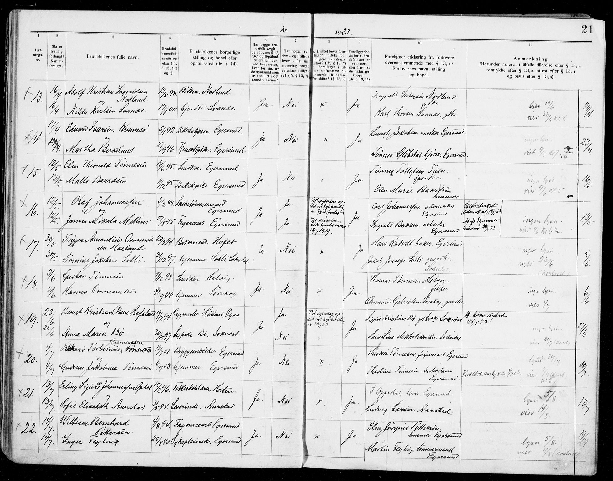 Eigersund sokneprestkontor, AV/SAST-A-101807/S27/L0003: Banns register no. 3, 1919-1939, p. 21