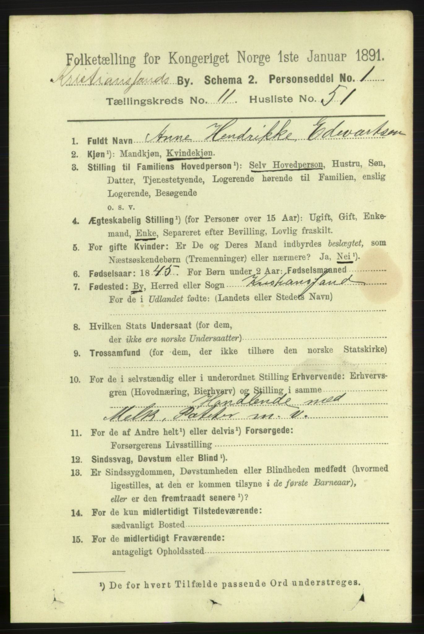 RA, 1891 census for 1001 Kristiansand, 1891, p. 5997