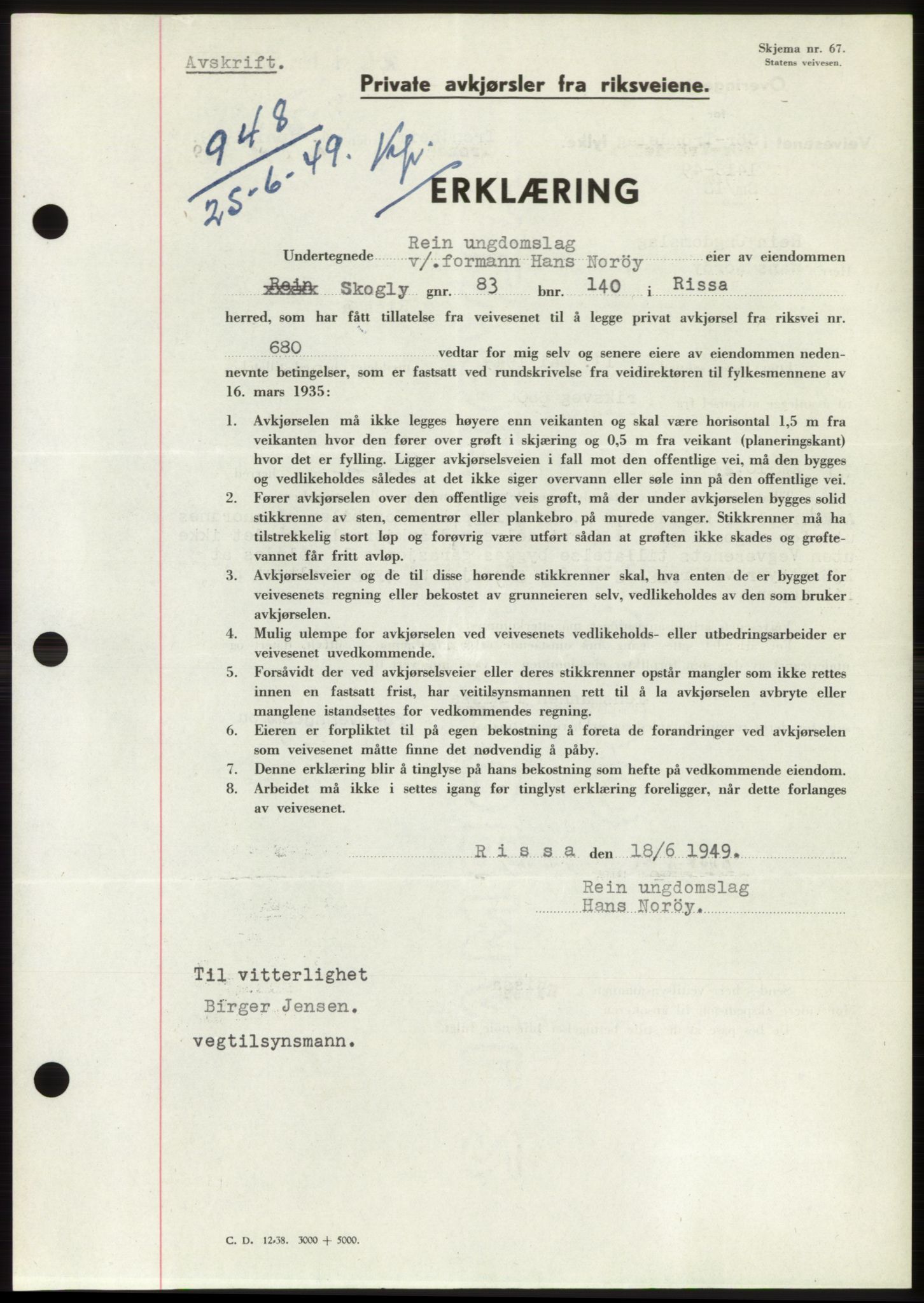 Fosen sorenskriveri, AV/SAT-A-1107/1/2/2C: Mortgage book no. B, 1948-1950, Diary no: : 948/1949