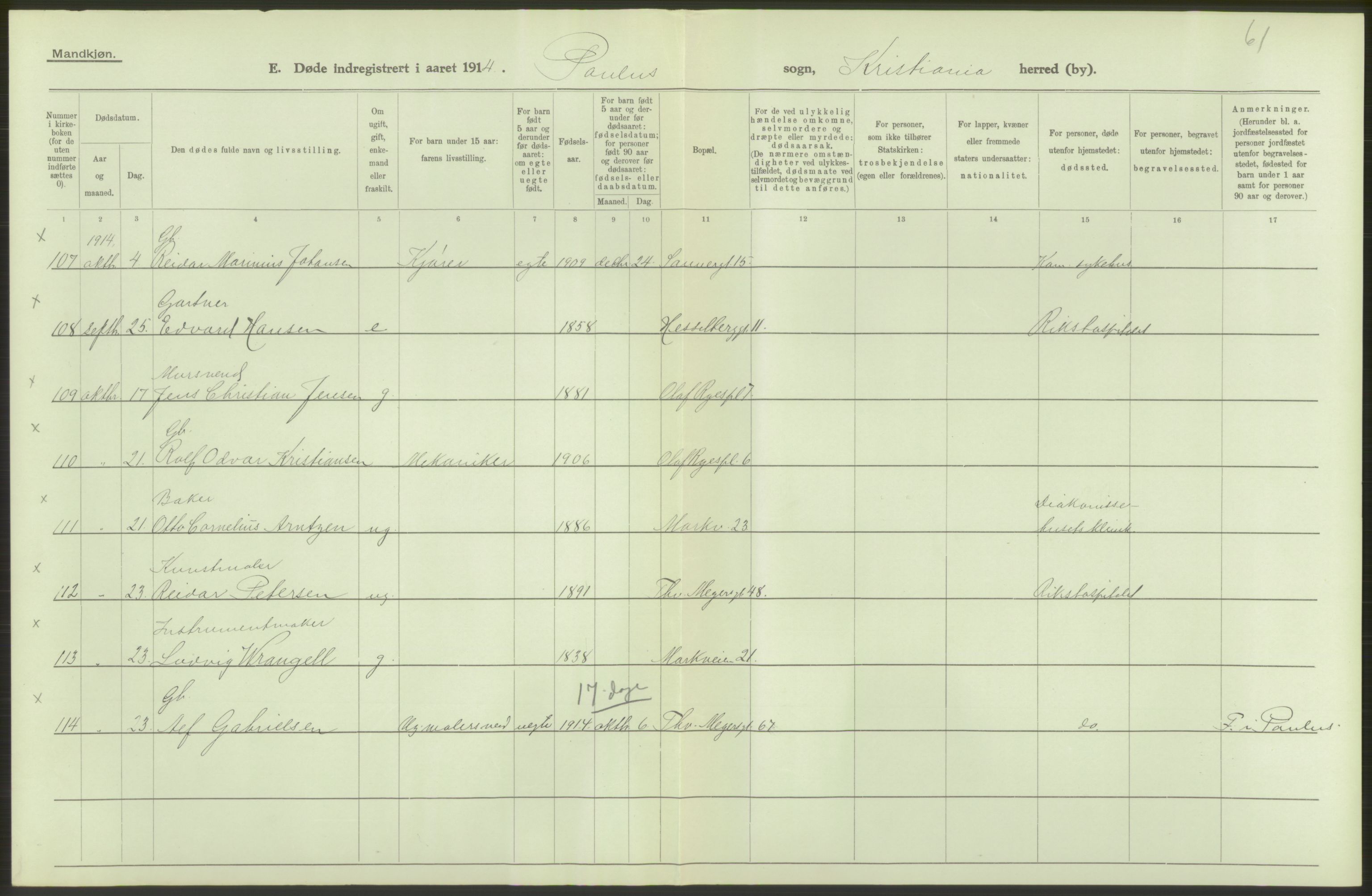 Statistisk sentralbyrå, Sosiodemografiske emner, Befolkning, AV/RA-S-2228/D/Df/Dfb/Dfbd/L0008: Kristiania: Døde, 1914, p. 250