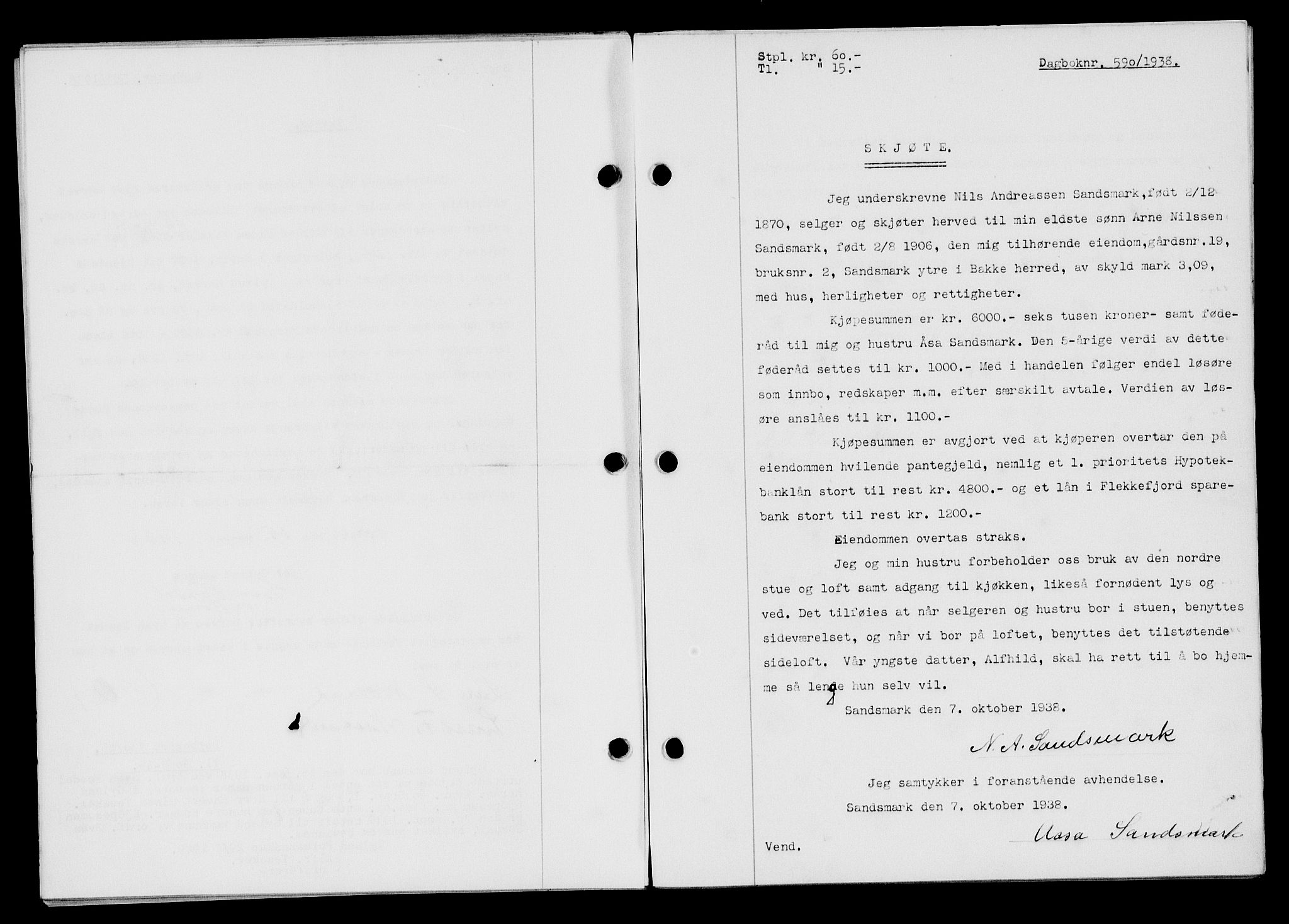 Flekkefjord sorenskriveri, SAK/1221-0001/G/Gb/Gba/L0054: Mortgage book no. A-2, 1937-1938, Diary no: : 590/1938