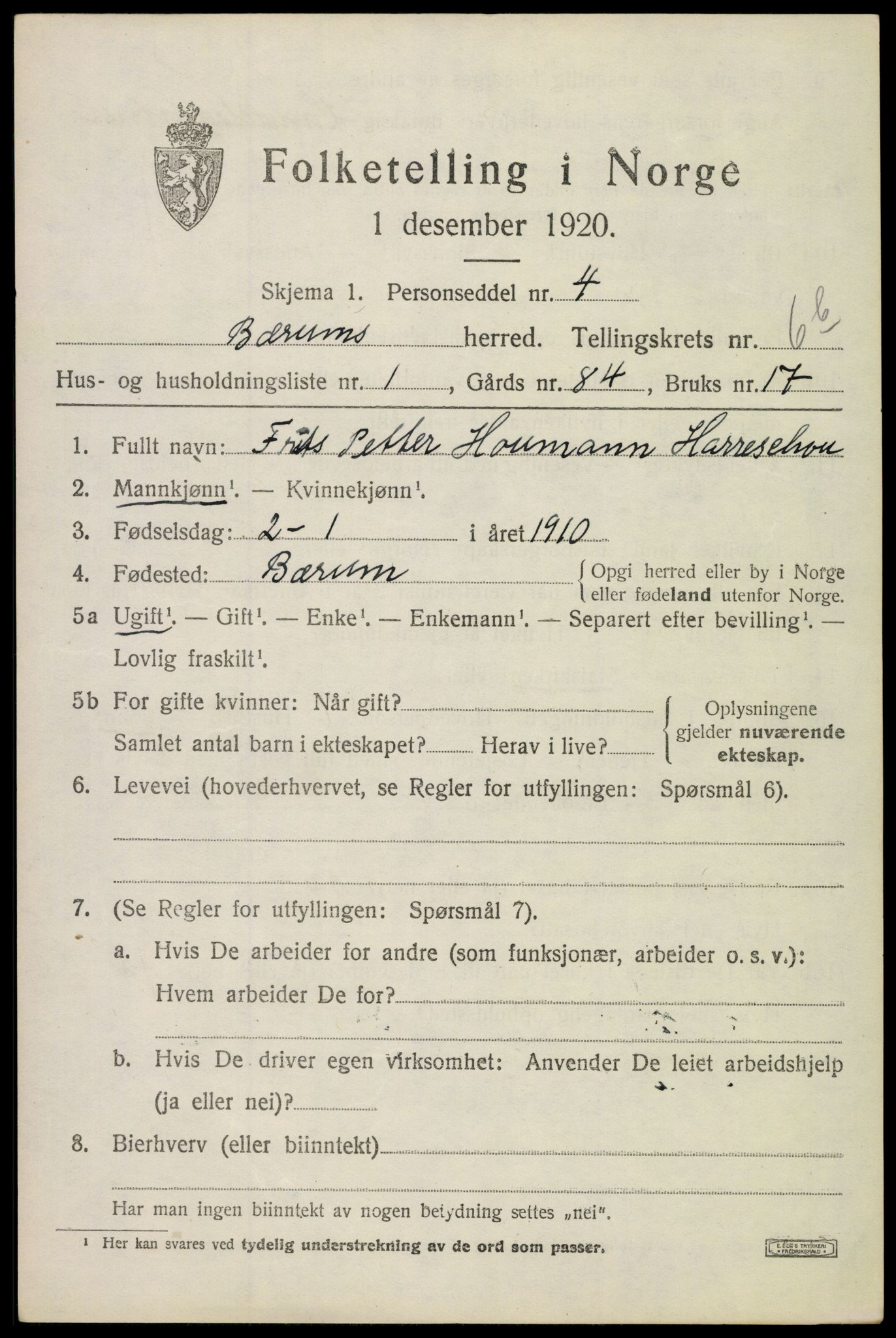 SAO, 1920 census for Bærum, 1920, p. 13998