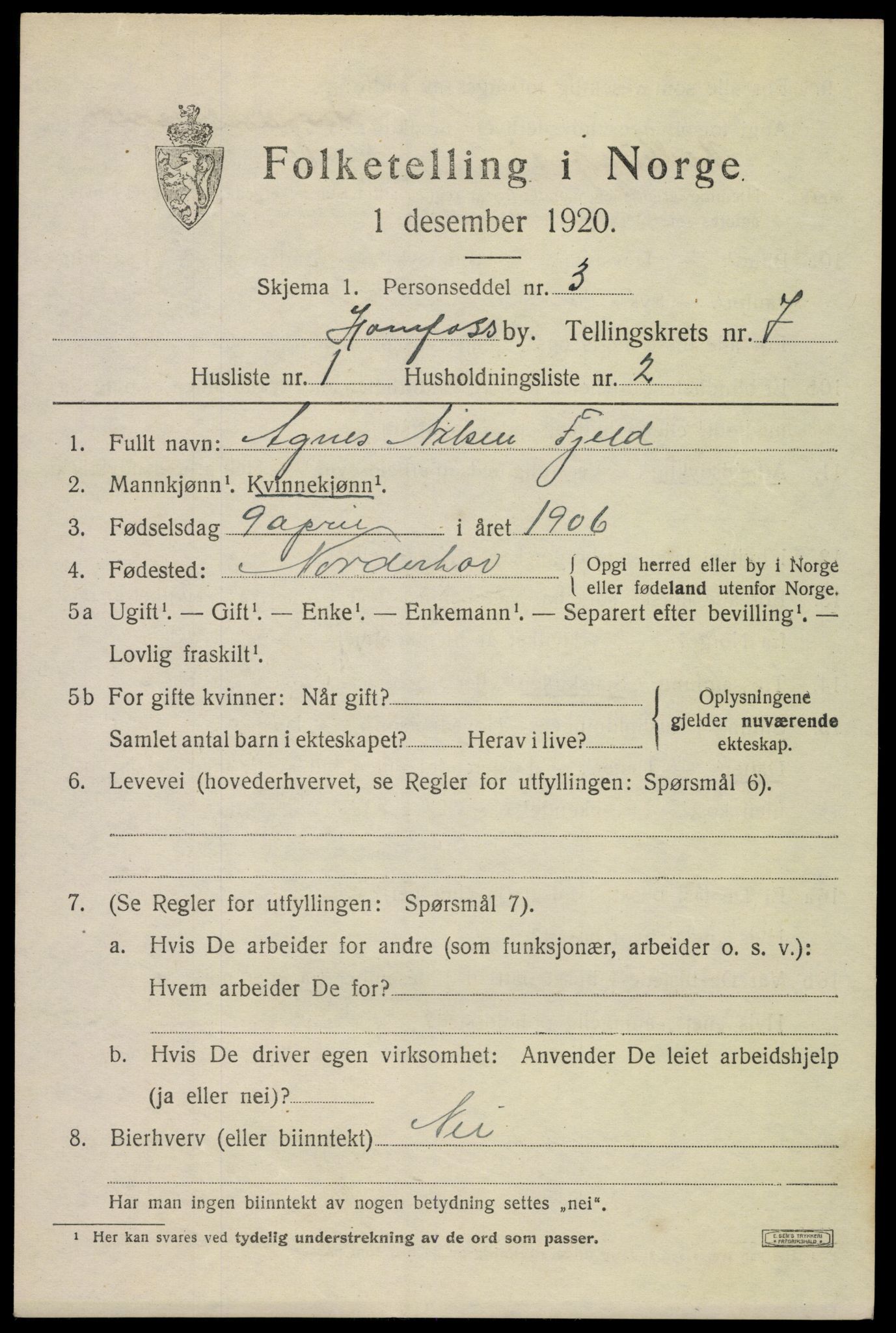 SAKO, 1920 census for Hønefoss, 1920, p. 7858