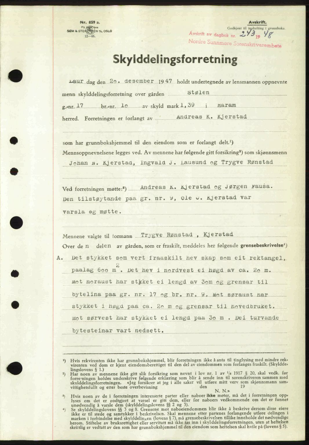 Nordre Sunnmøre sorenskriveri, AV/SAT-A-0006/1/2/2C/2Ca: Mortgage book no. A26, 1947-1948, Diary no: : 243/1948