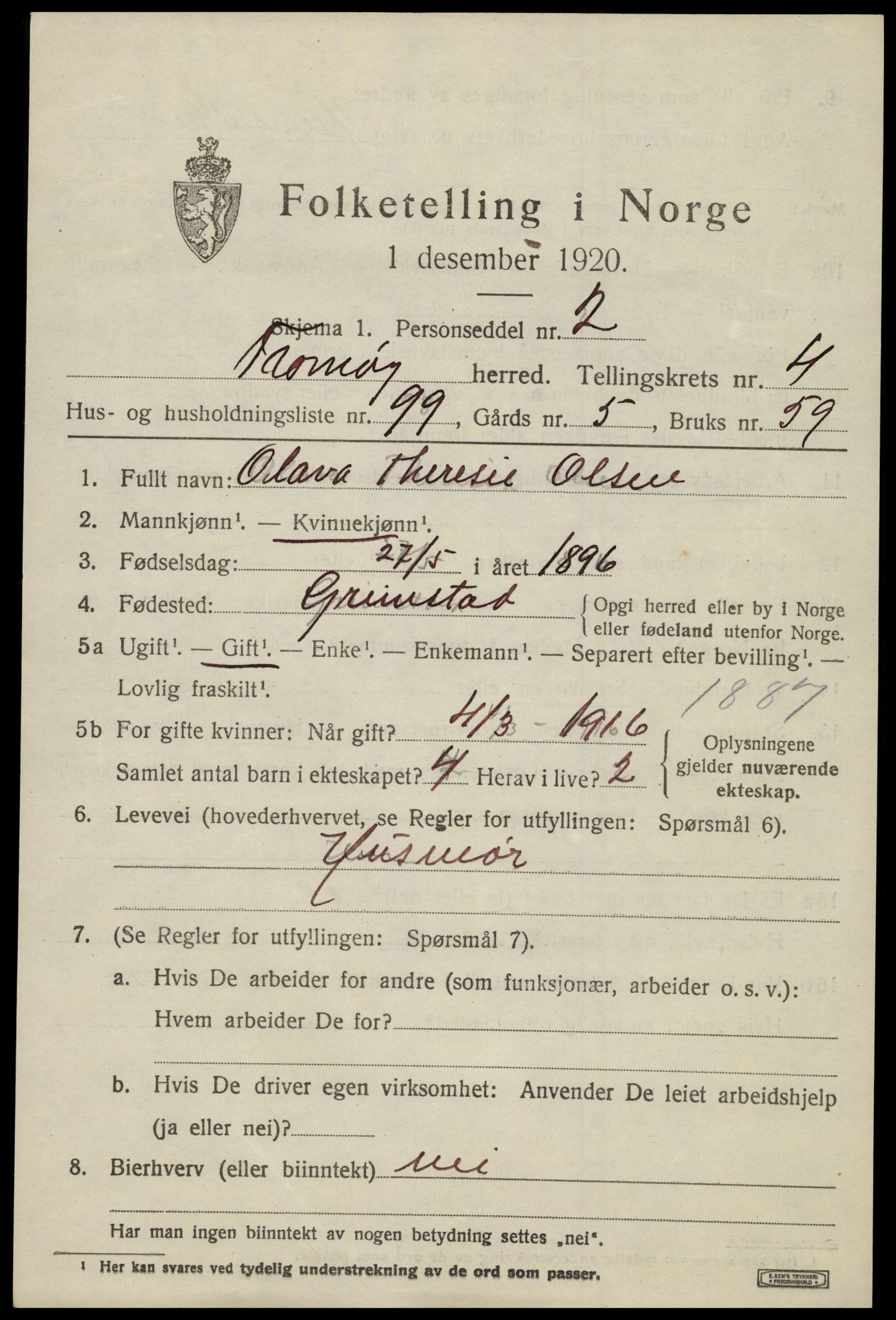 SAK, 1920 census for Tromøy, 1920, p. 3805