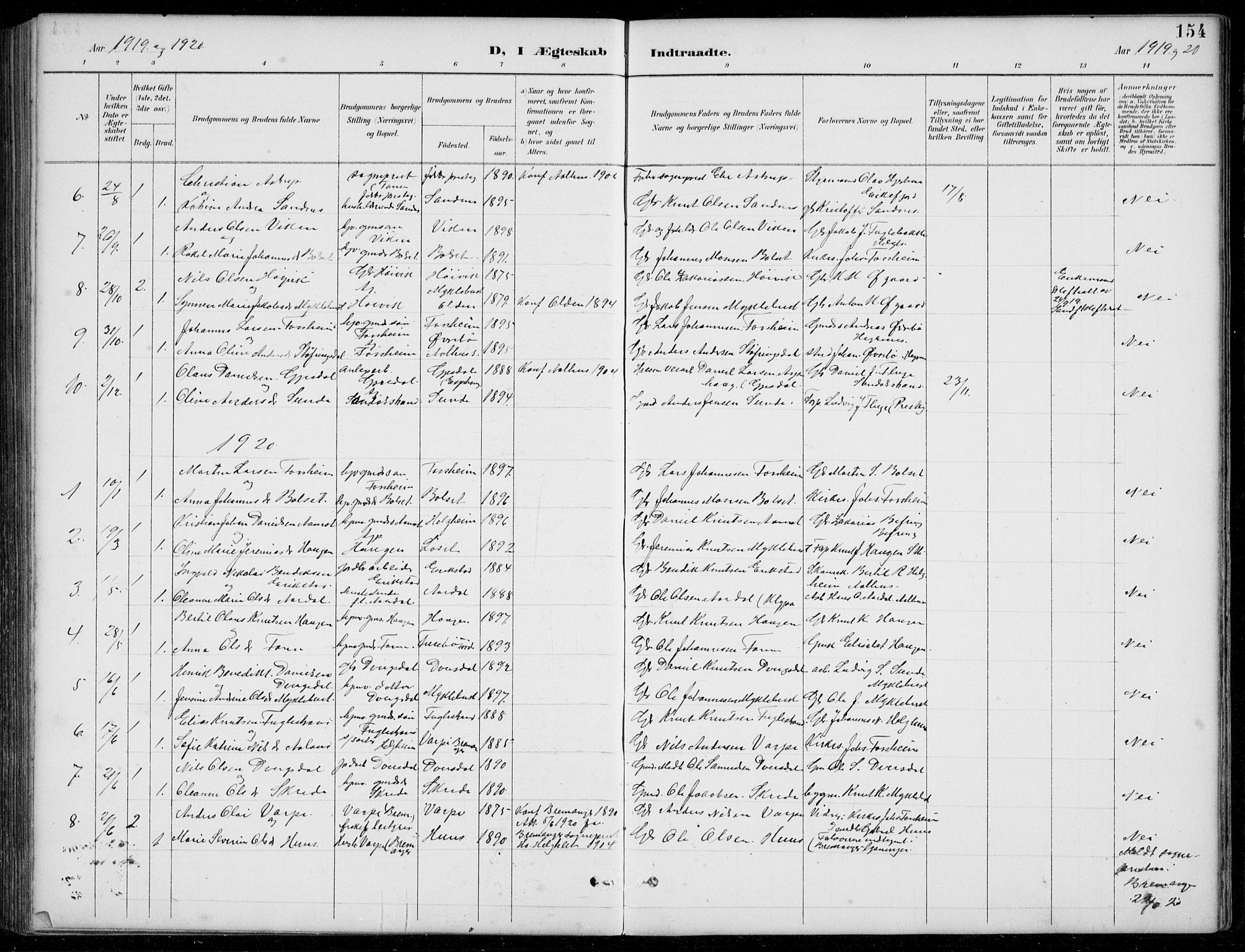 Jølster sokneprestembete, SAB/A-80701/H/Hab/Habb/L0002: Parish register (copy) no. B 2, 1887-1920, p. 154