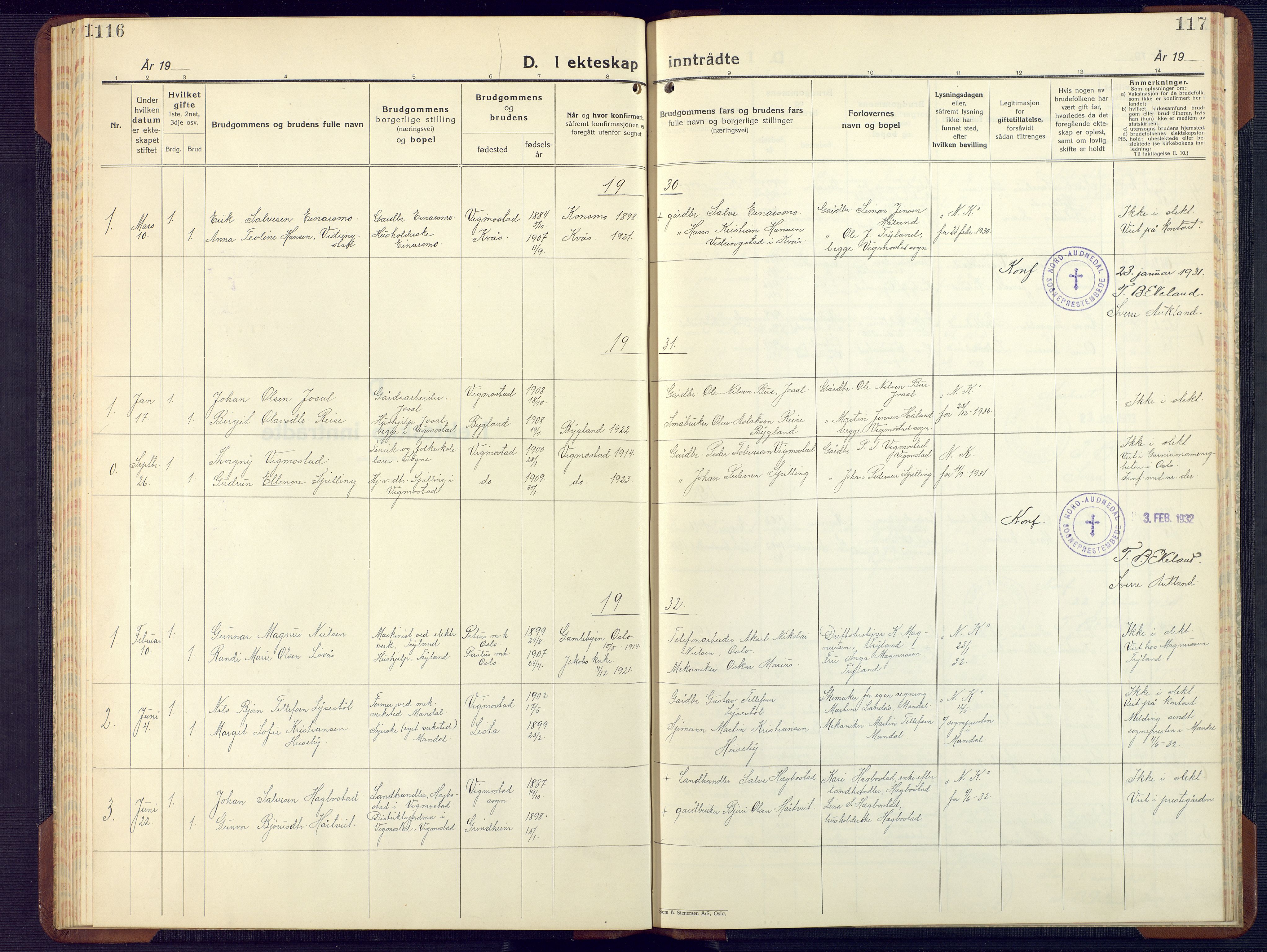 Nord-Audnedal sokneprestkontor, SAK/1111-0032/F/Fb/Fbb/L0006: Parish register (copy) no. B 6, 1930-1948, p. 116-117