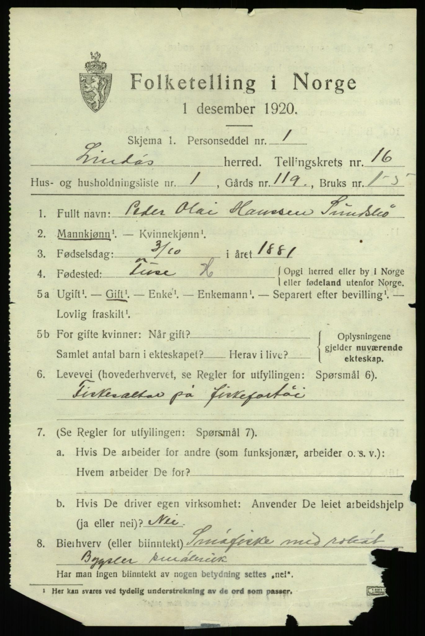 SAB, 1920 census for Lindås, 1920, p. 7955