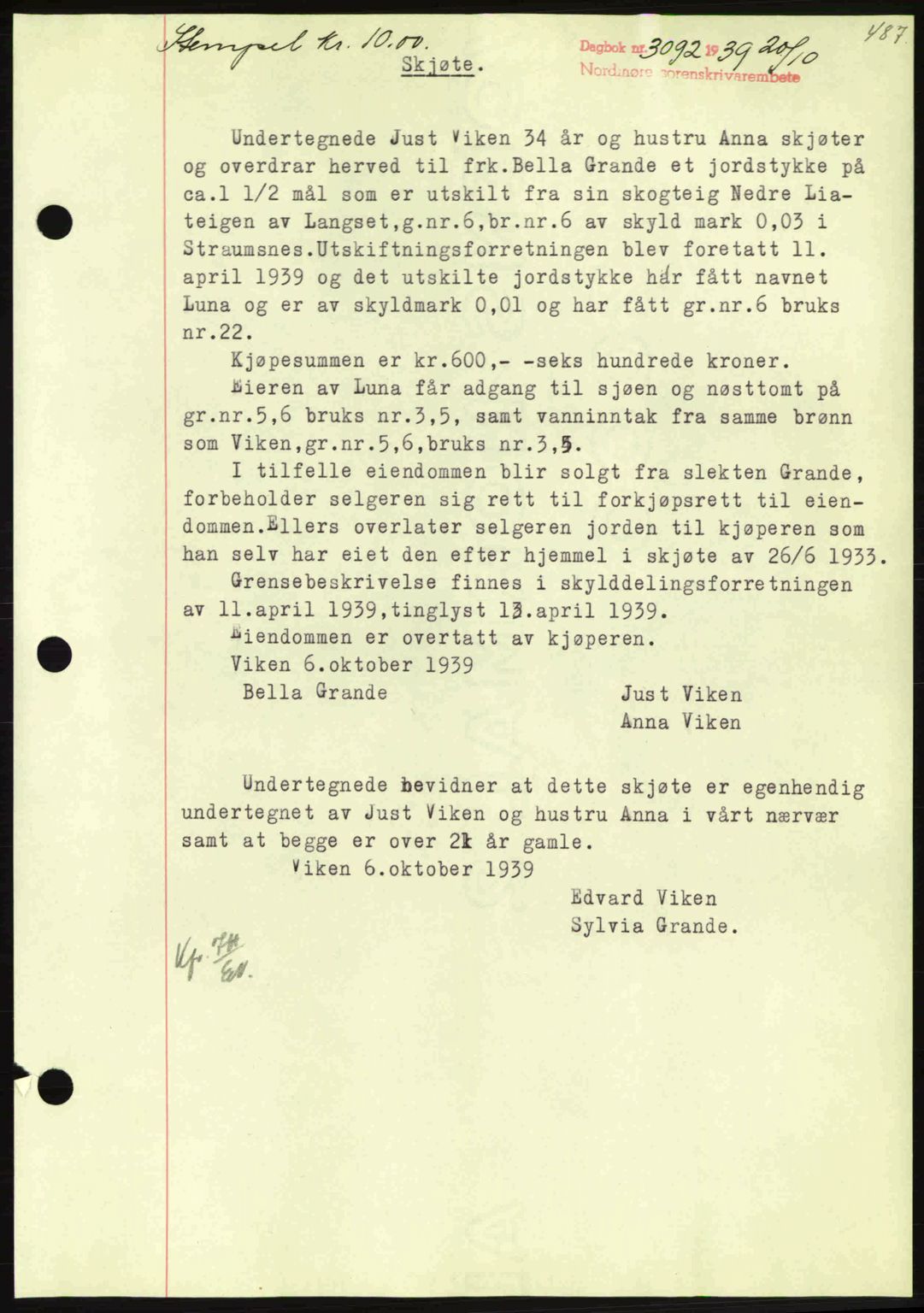 Nordmøre sorenskriveri, AV/SAT-A-4132/1/2/2Ca: Mortgage book no. A87, 1939-1940, Diary no: : 3092/1939