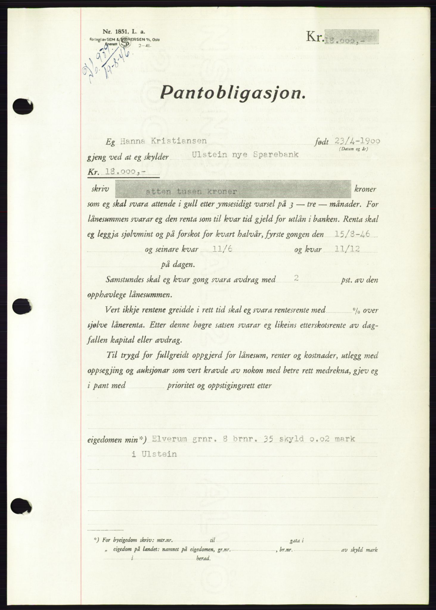 Søre Sunnmøre sorenskriveri, AV/SAT-A-4122/1/2/2C/L0114: Mortgage book no. 1-2B, 1943-1947, Diary no: : 989/1946