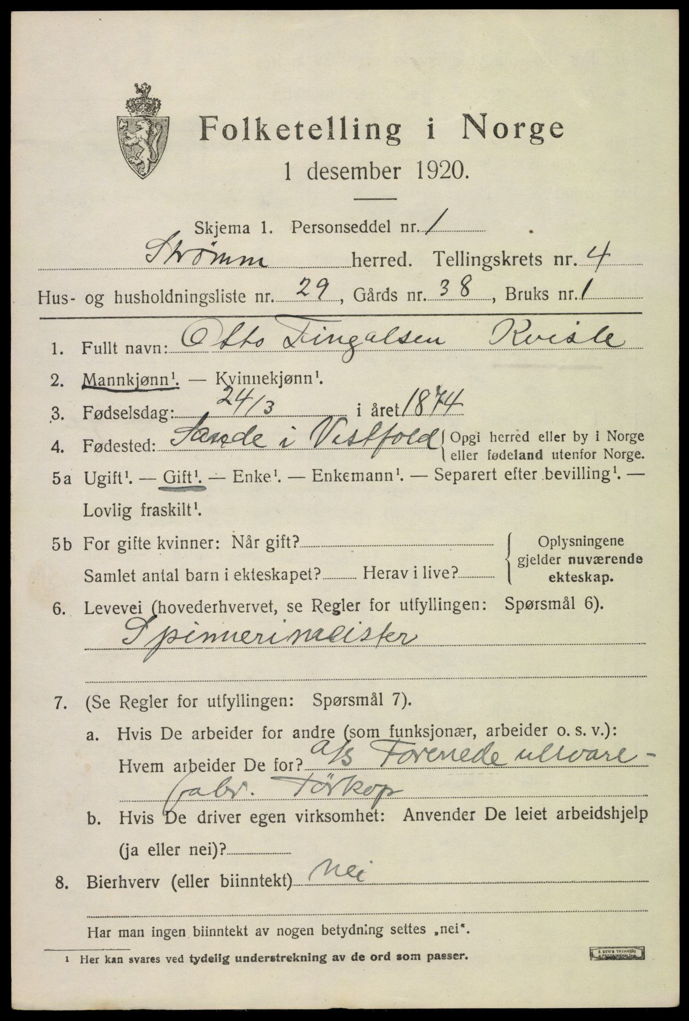 SAKO, 1920 census for Strømm, 1920, p. 3429