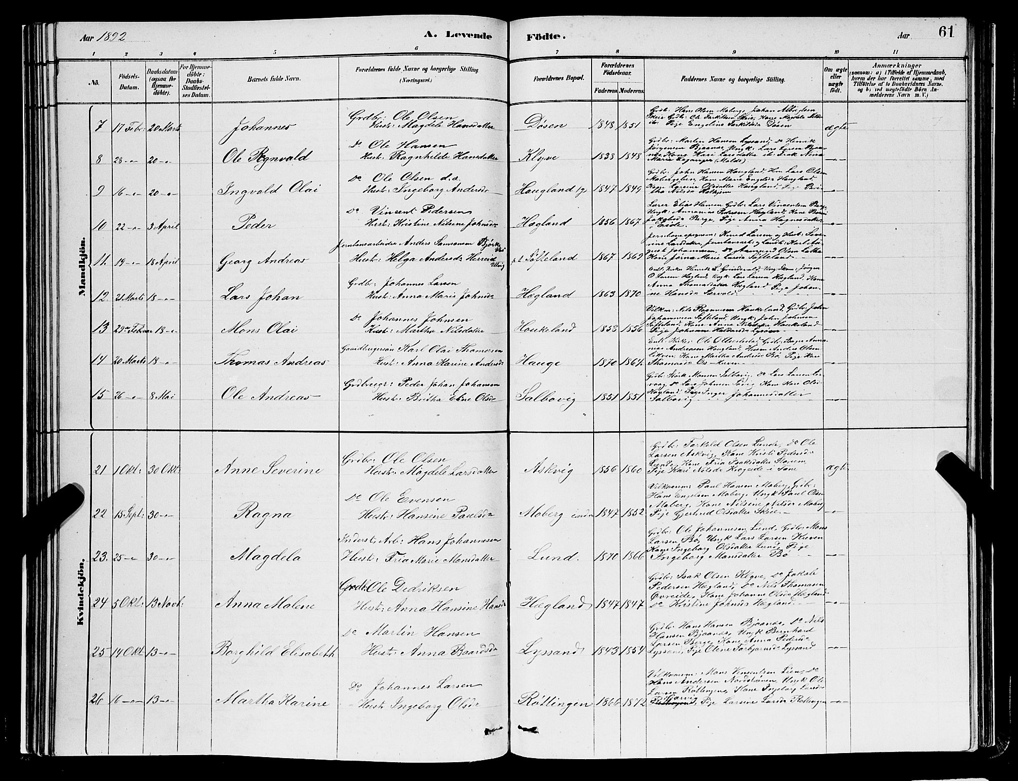 Os sokneprestembete, AV/SAB-A-99929: Parish register (copy) no. A 2, 1880-1896, p. 61