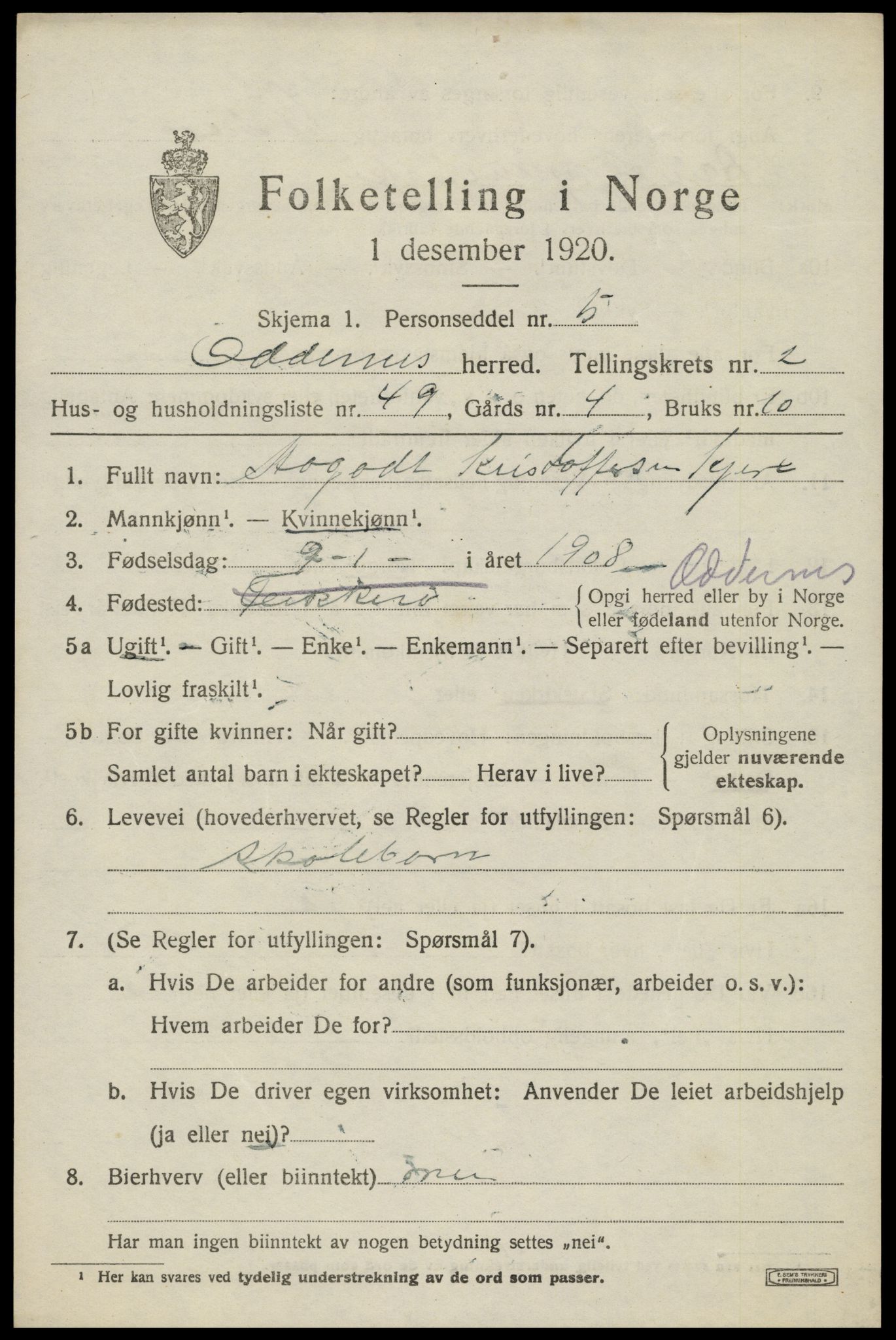 SAK, 1920 census for Oddernes, 1920, p. 3333