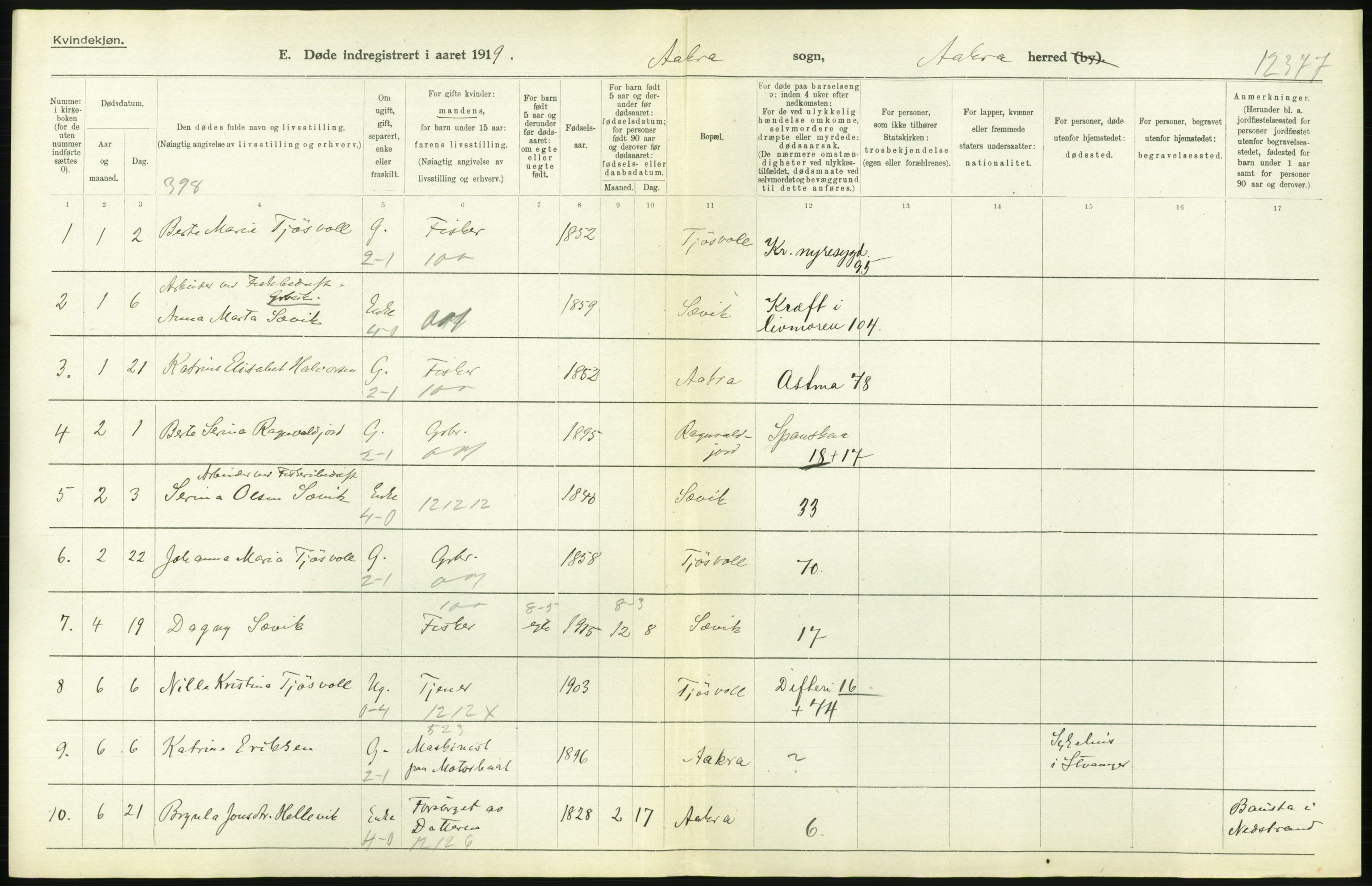 Statistisk sentralbyrå, Sosiodemografiske emner, Befolkning, AV/RA-S-2228/D/Df/Dfb/Dfbi/L0030: Rogaland fylke: Døde. Bygder og byer., 1919, p. 322