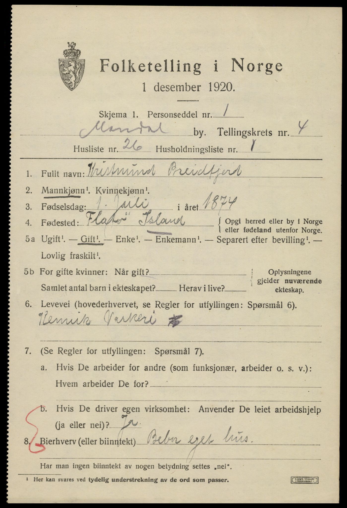 SAK, 1920 census for Mandal, 1920, p. 7267