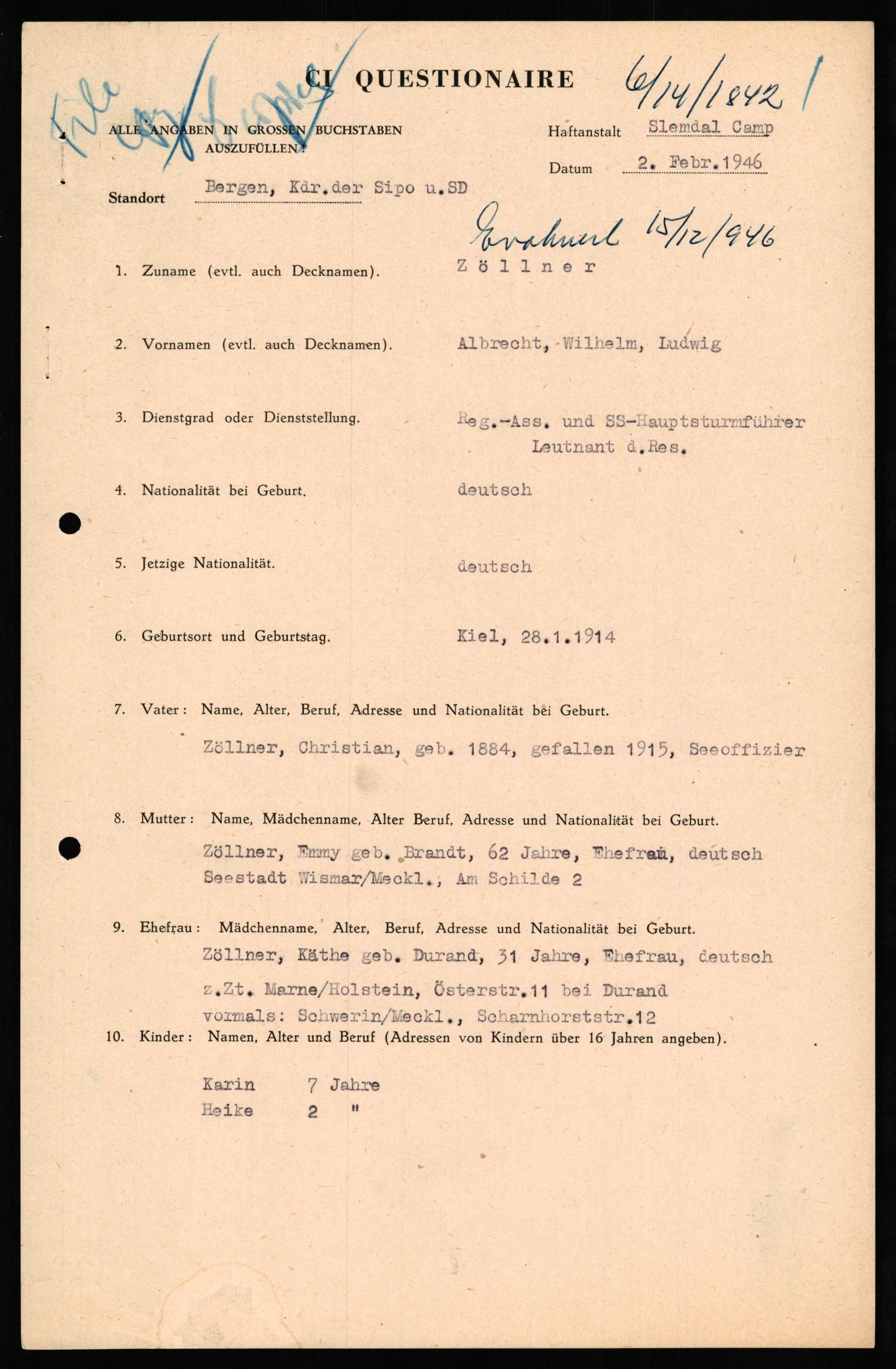 Forsvaret, Forsvarets overkommando II, AV/RA-RAFA-3915/D/Db/L0037: CI Questionaires. Tyske okkupasjonsstyrker i Norge. Tyskere., 1945-1946, p. 497