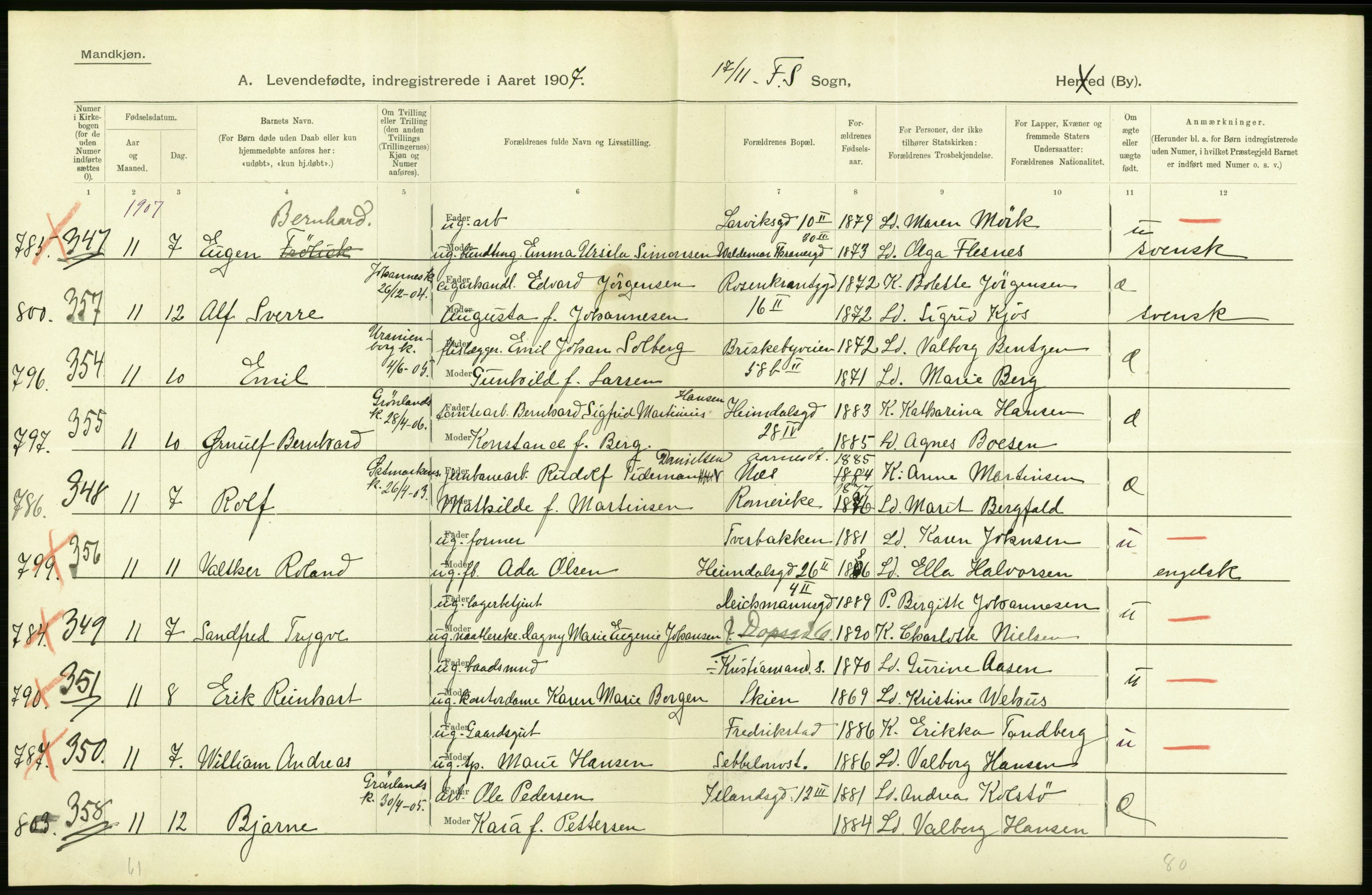 Statistisk sentralbyrå, Sosiodemografiske emner, Befolkning, AV/RA-S-2228/D/Df/Dfa/Dfae/L0007: Kristiania: Levendefødte menn og kvinner., 1907, p. 18