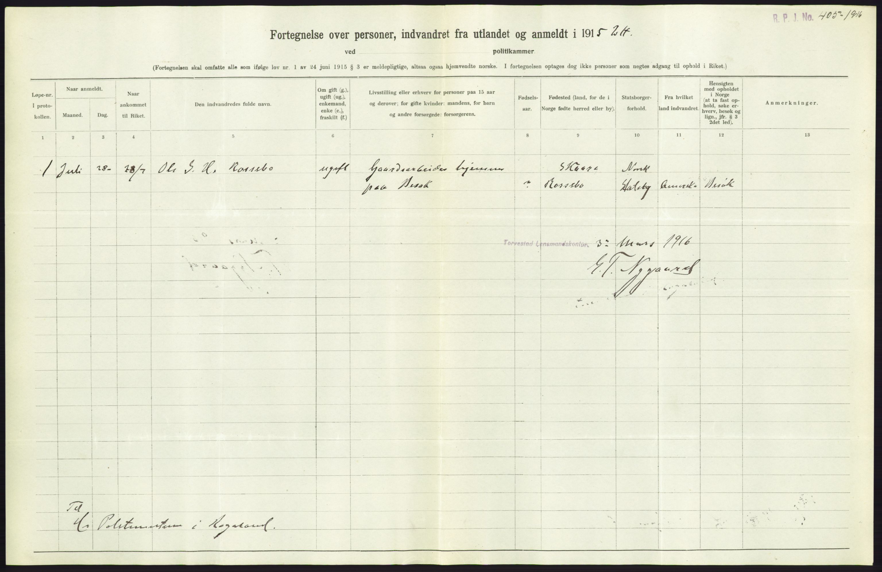 Statistisk sentralbyrå, Sosioøkonomiske emner, Folketellinger, boliger og boforhold, AV/RA-S-2231/F/Fa/L0001: Innvandring. Navn/fylkesvis, 1915, p. 400