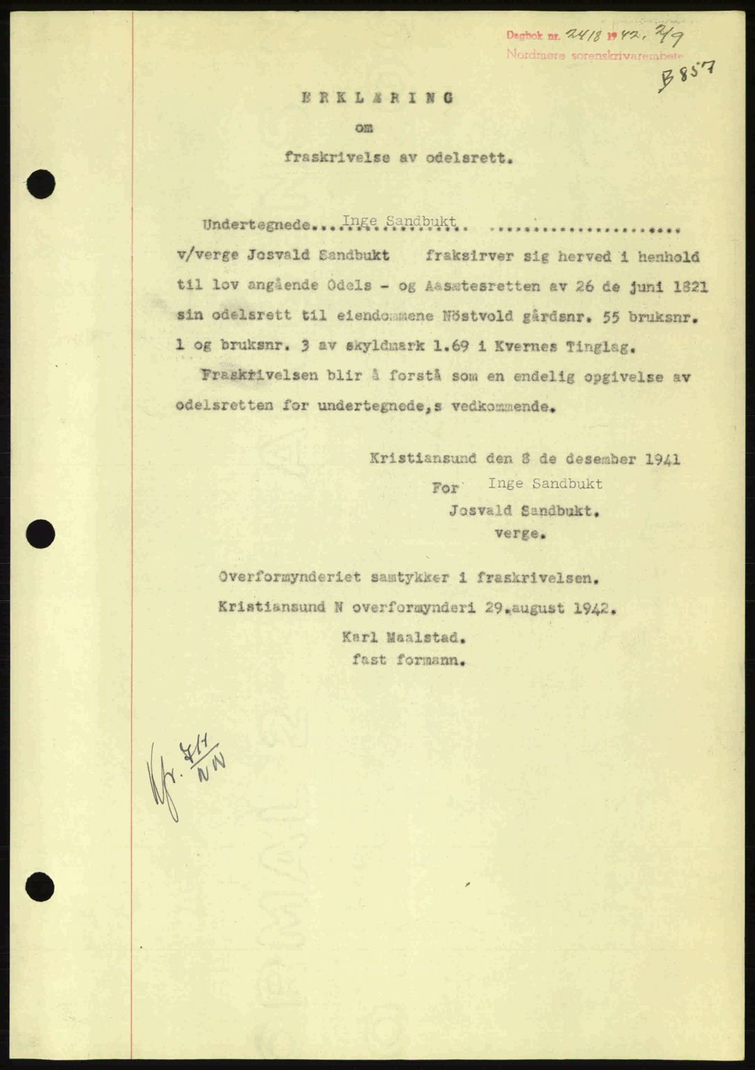 Nordmøre sorenskriveri, AV/SAT-A-4132/1/2/2Ca: Mortgage book no. B89, 1942-1942, Diary no: : 2418/1942