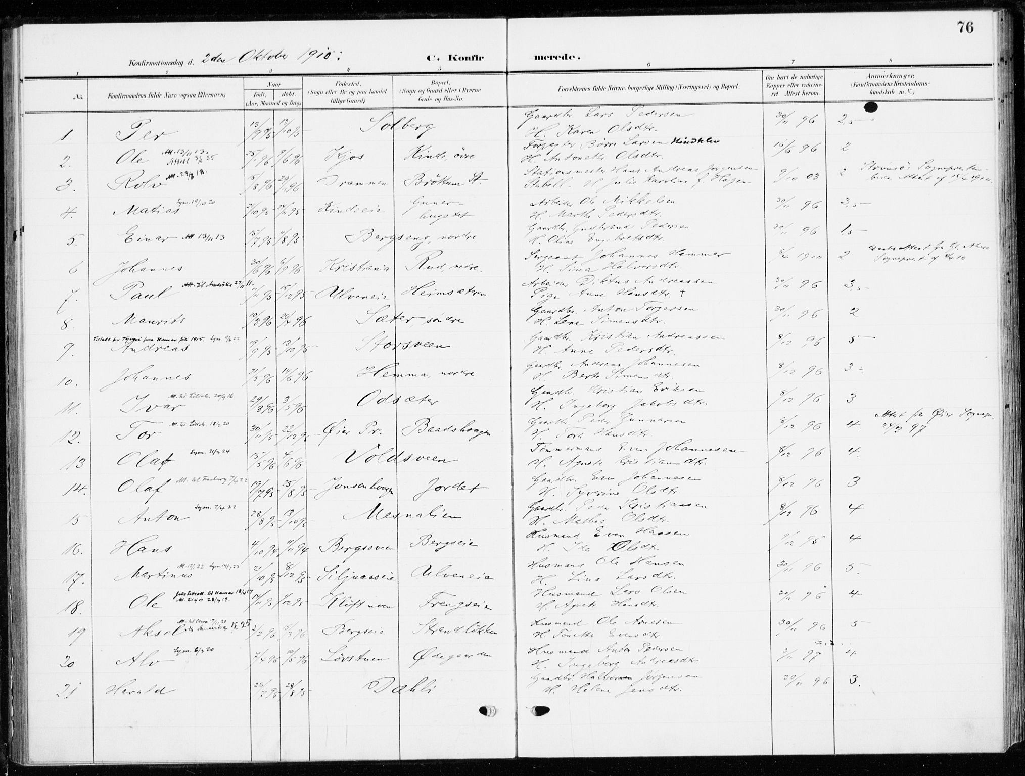 Ringsaker prestekontor, SAH/PREST-014/K/Ka/L0021: Parish register (official) no. 21, 1905-1920, p. 76