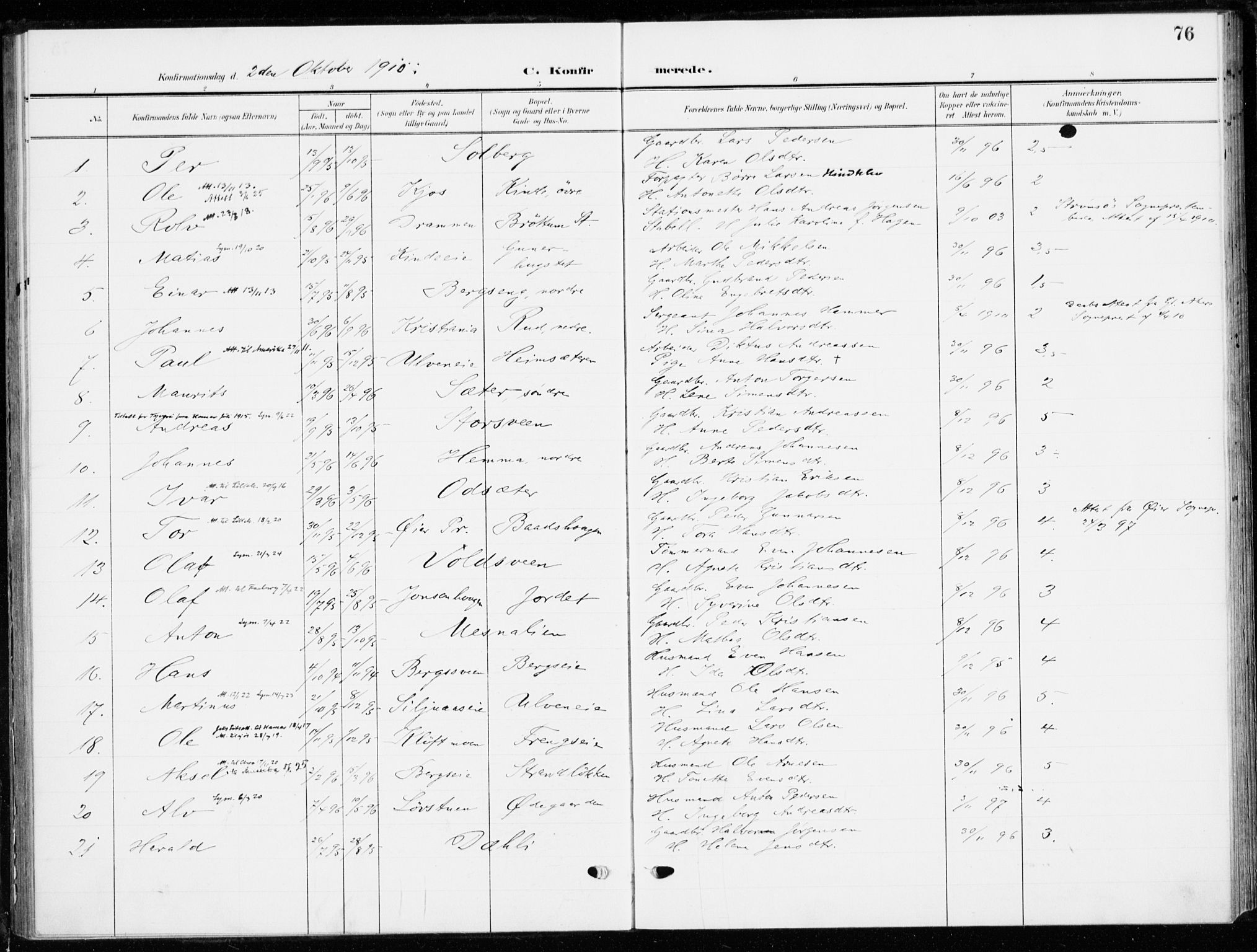 Ringsaker prestekontor, AV/SAH-PREST-014/K/Ka/L0021: Parish register (official) no. 21, 1905-1920, p. 76