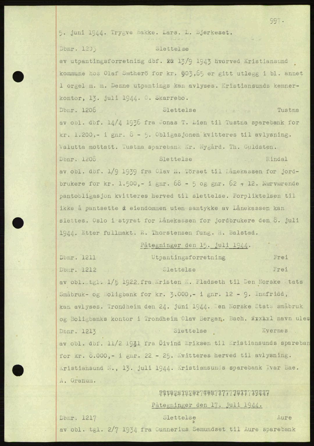 Nordmøre sorenskriveri, AV/SAT-A-4132/1/2/2Ca: Mortgage book no. C81, 1940-1945, Diary no: : 1203/1944