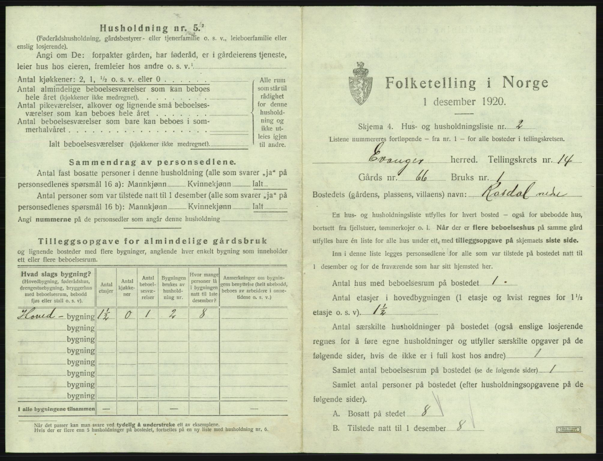 SAB, 1920 census for Evanger, 1920, p. 637