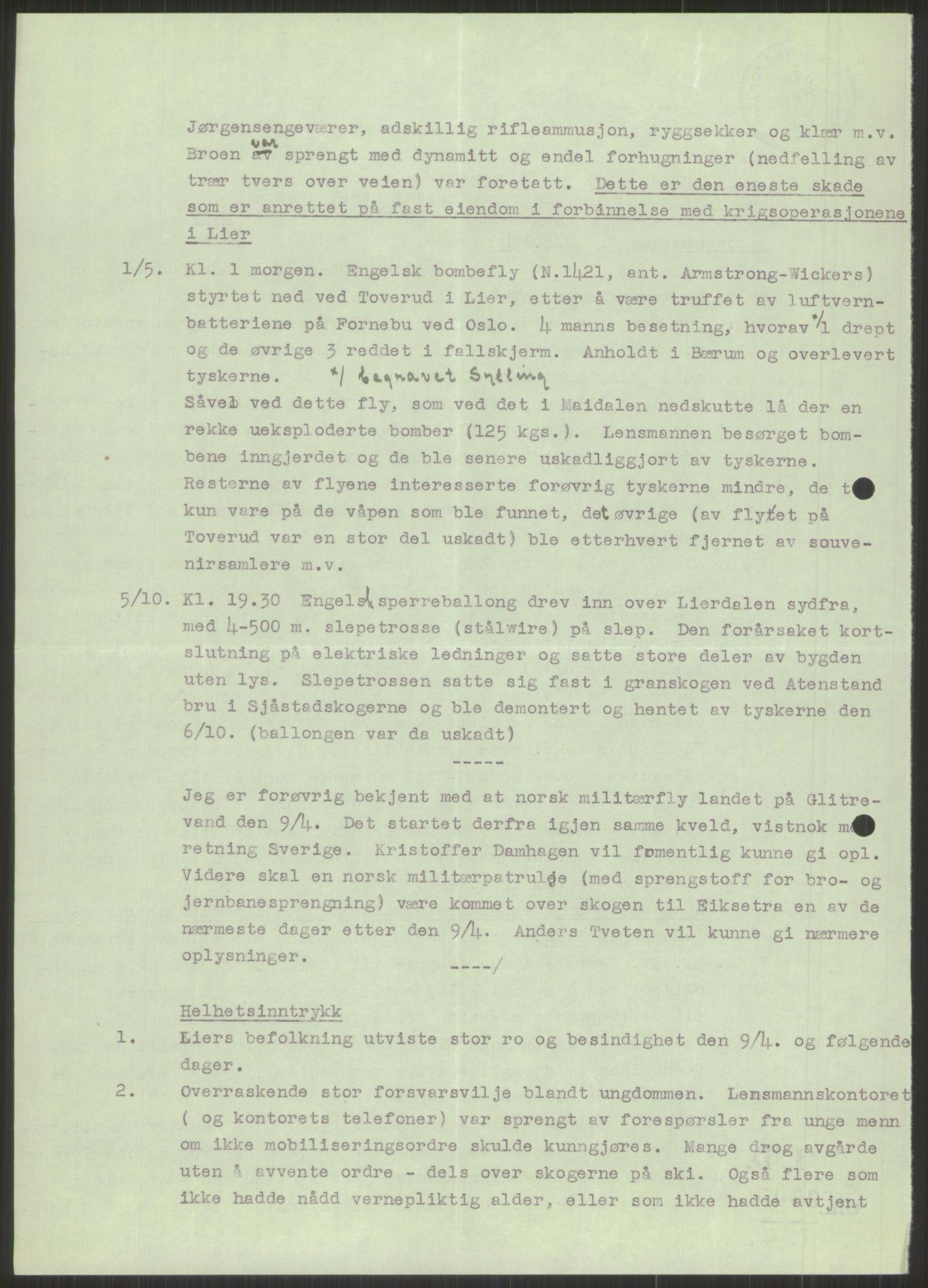 Forsvaret, Forsvarets krigshistoriske avdeling, AV/RA-RAFA-2017/Y/Ya/L0014: II-C-11-31 - Fylkesmenn.  Rapporter om krigsbegivenhetene 1940., 1940, p. 429