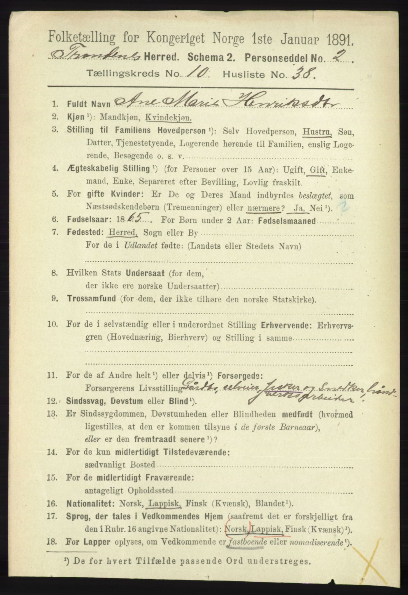 RA, 1891 census for 1914 Trondenes, 1891, p. 7763