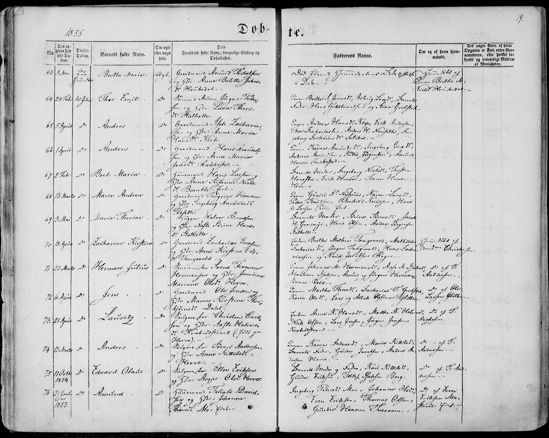 Bamble kirkebøker, AV/SAKO-A-253/F/Fa/L0005: Parish register (official) no. I 5, 1854-1869, p. 19